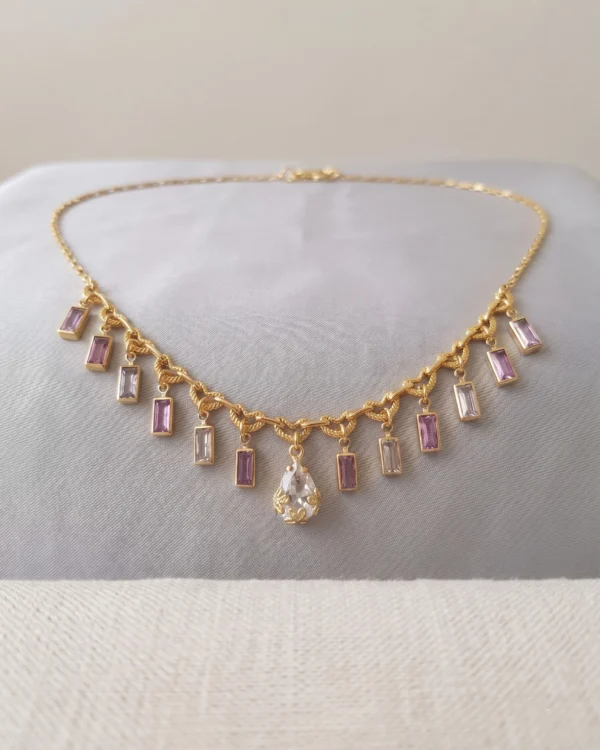 Pink Crystal Drop Chain Necklace