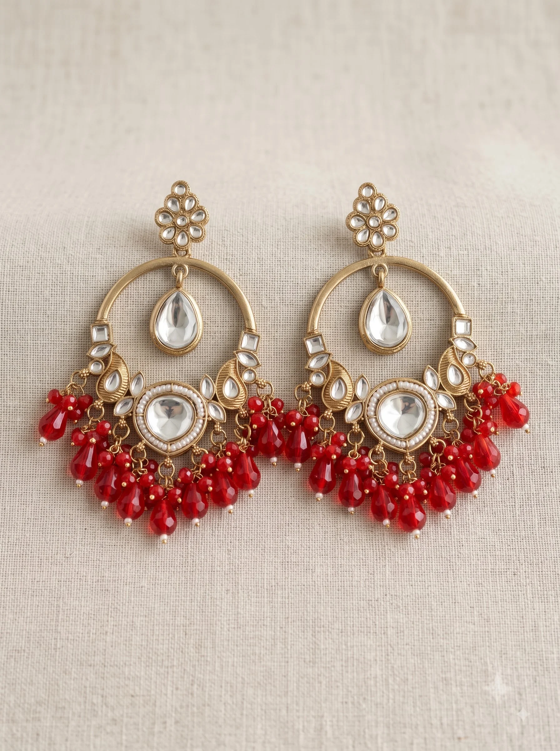 Red Kundan Chandbali Earrings
