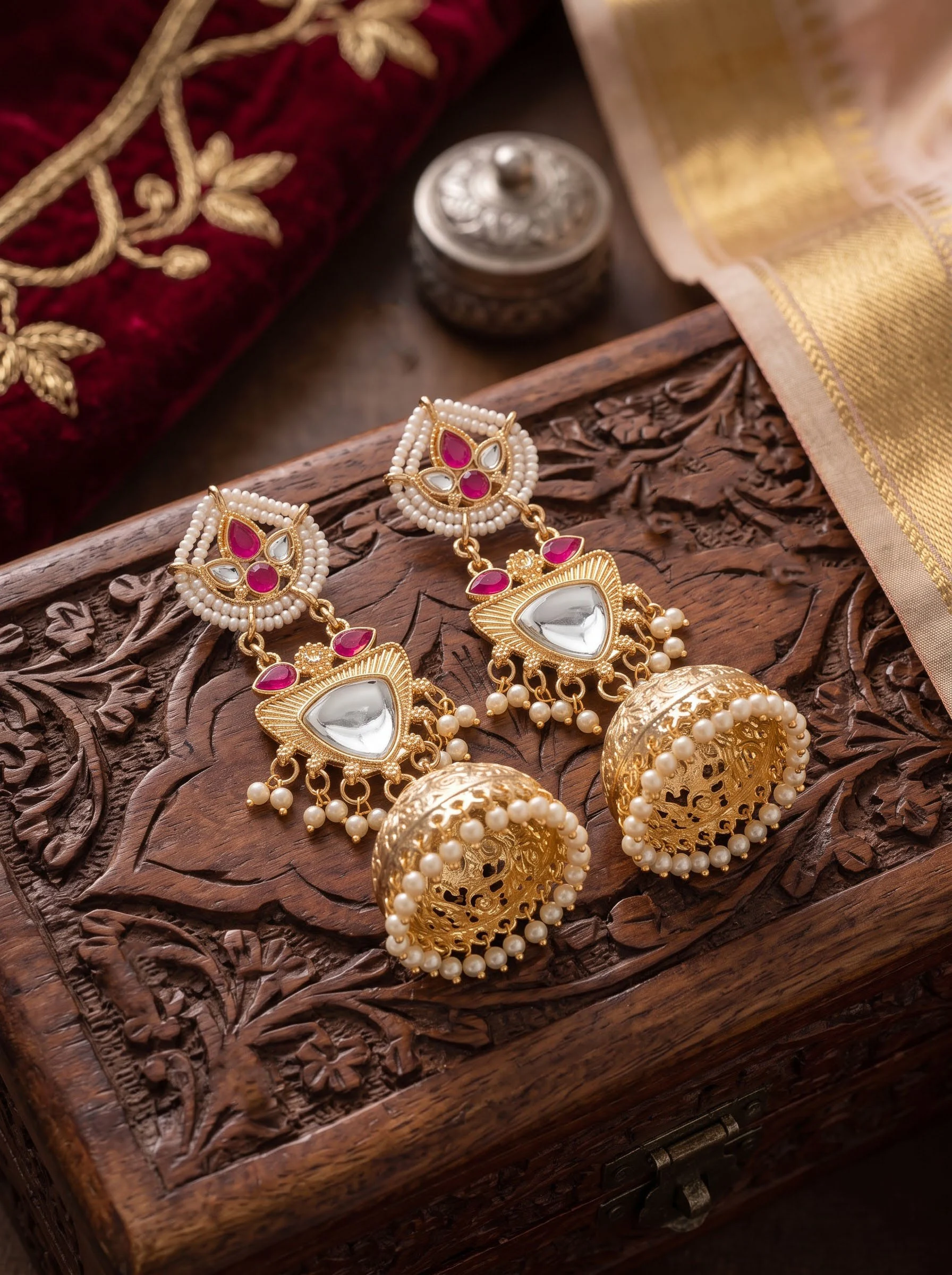 Elegant Pink Kundan Jhumka Earrings - Image 3