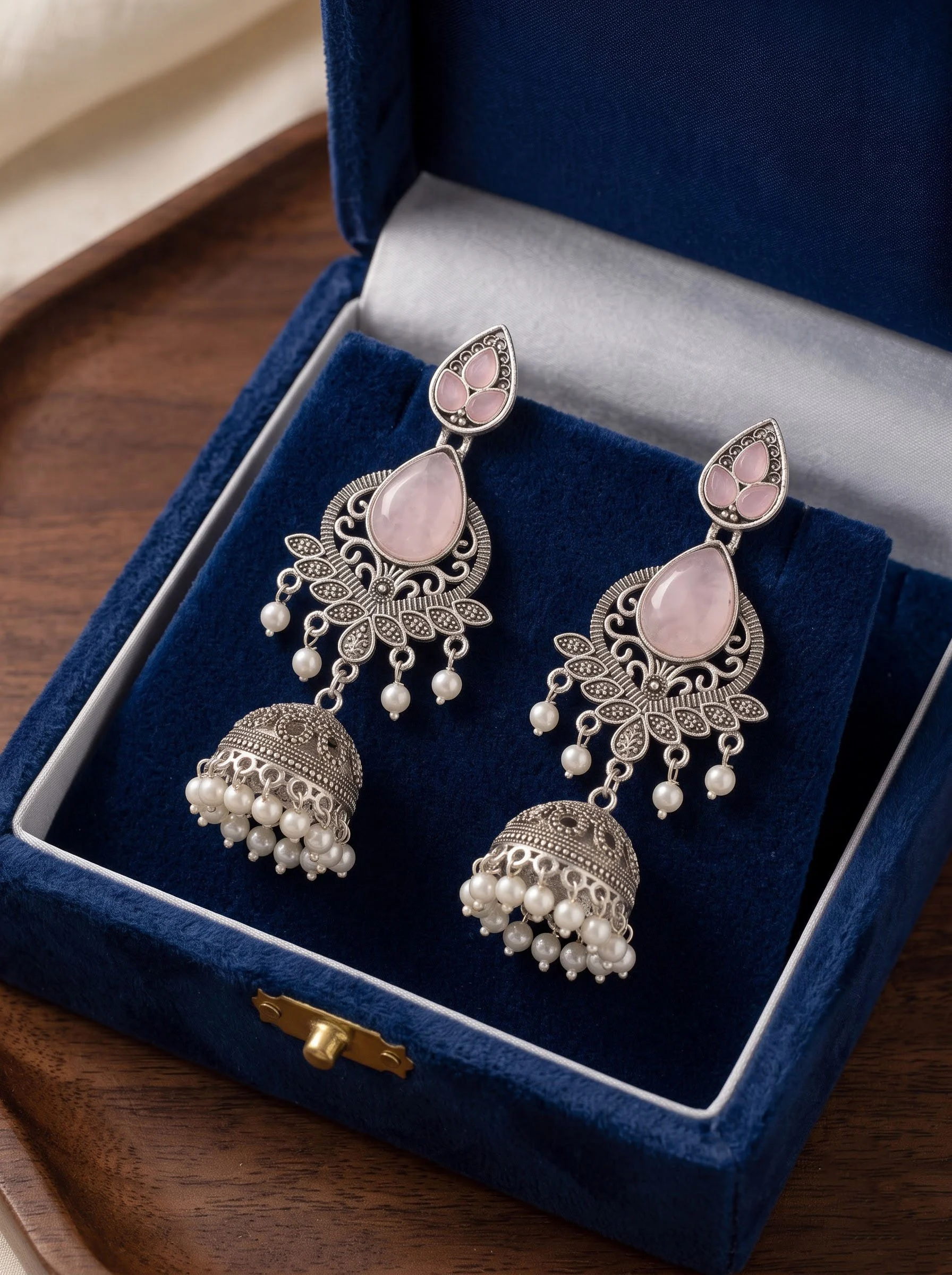 Oxidised Pink Tear Drop Jhumka - Image 3