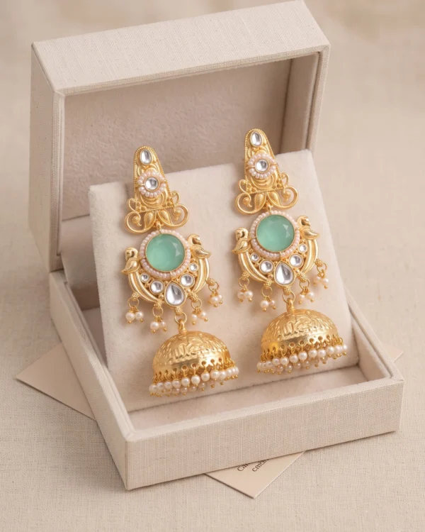 Green Stone Gold Jhumka Earrings