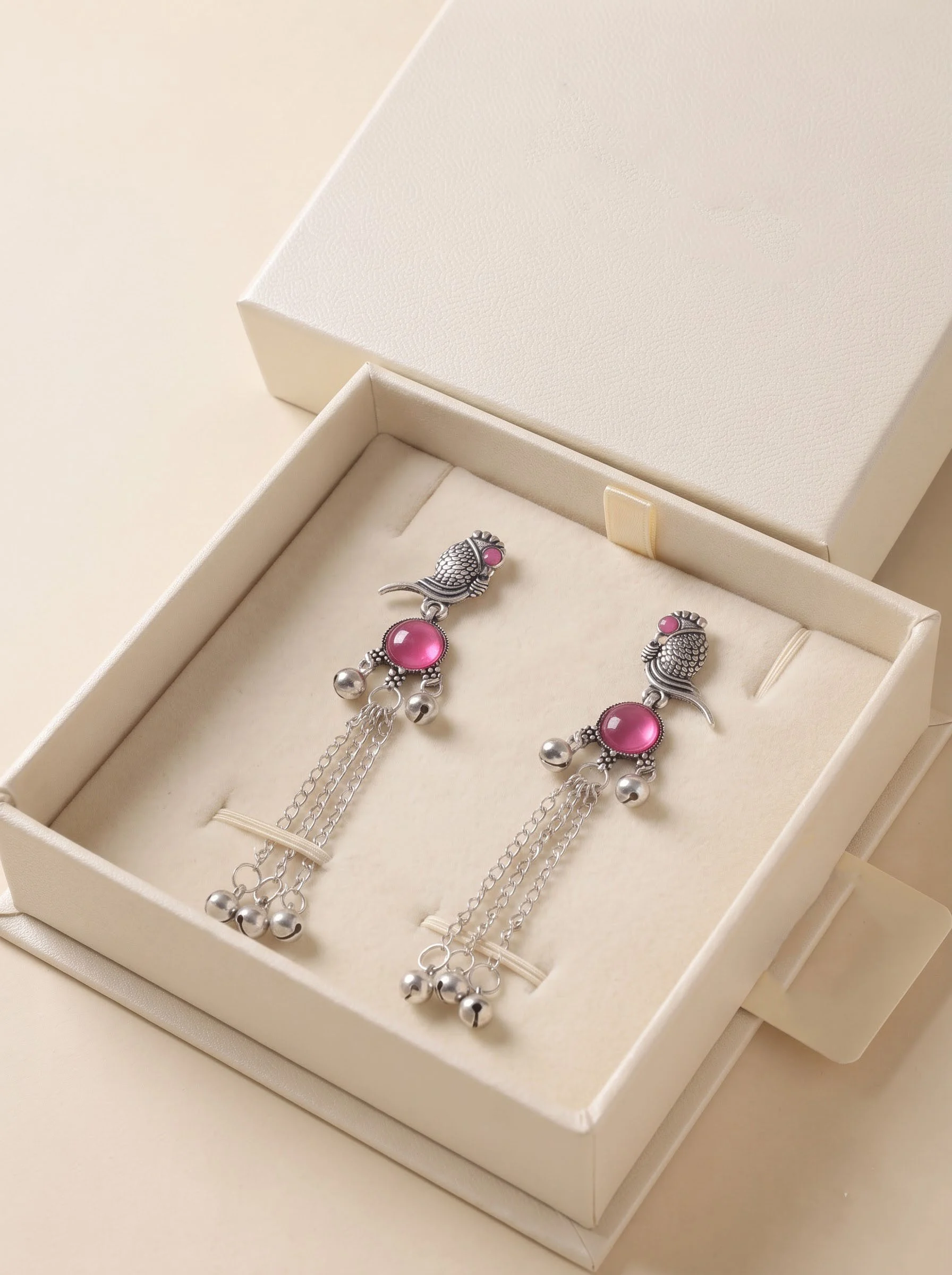 Pink Stone Oxidized Silver Bird Tassel Earrings - Image 5