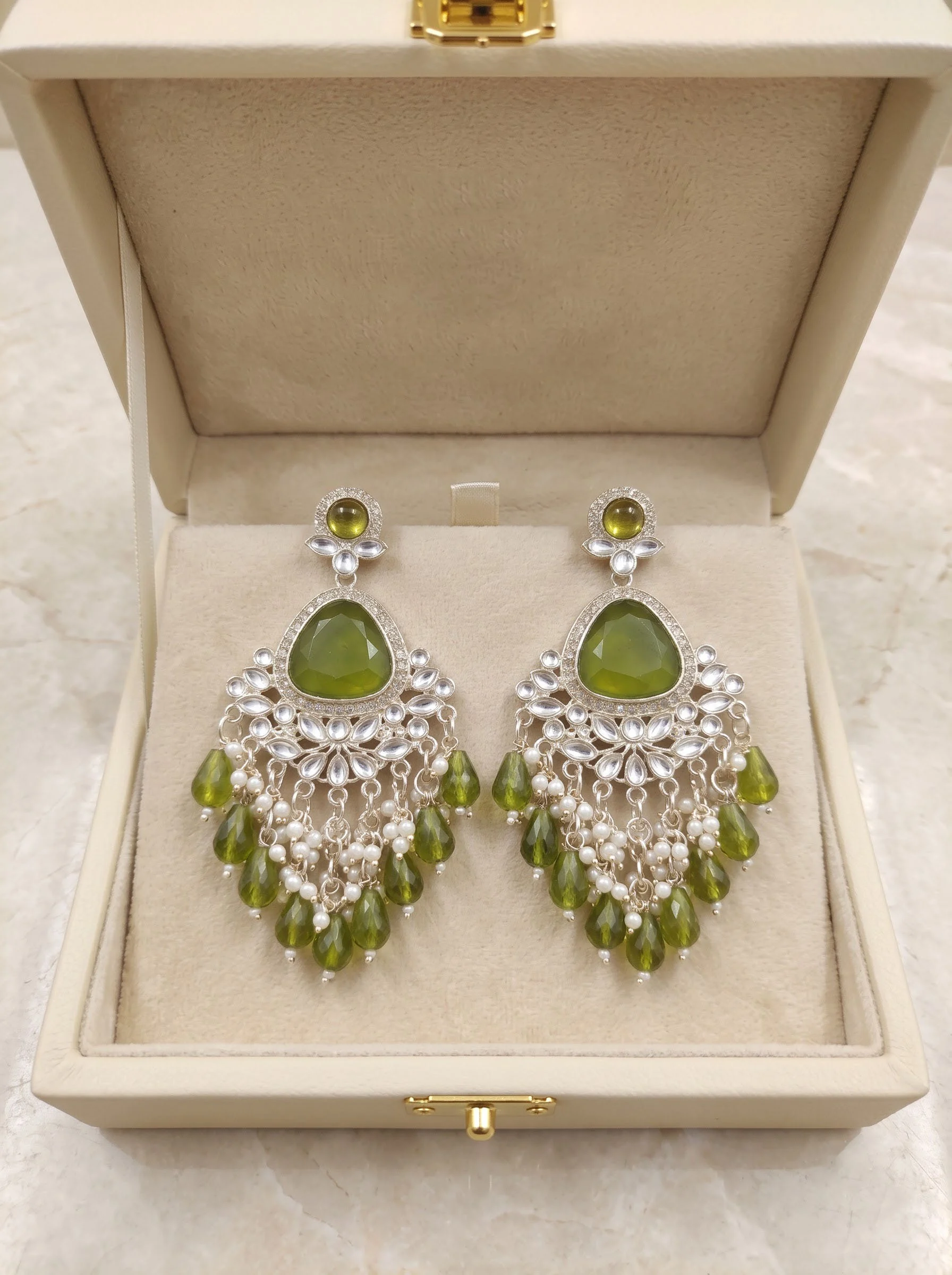 Olive Green Kundan Dangler Earrings - Image 3
