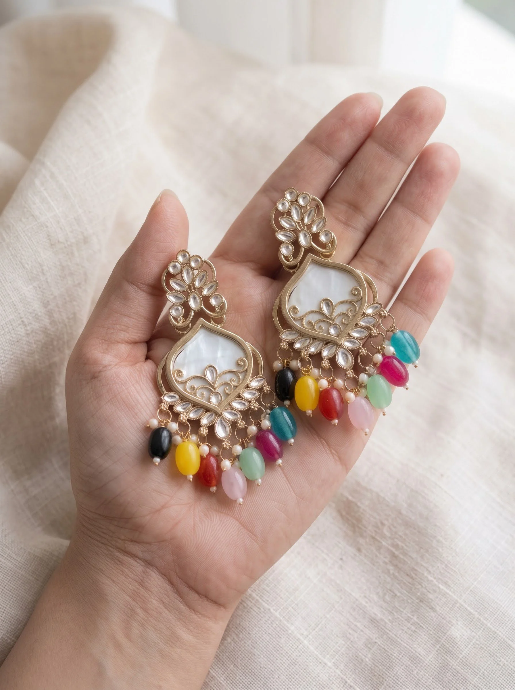 Multi Gold Kundan Dangler Earrings - Image 2