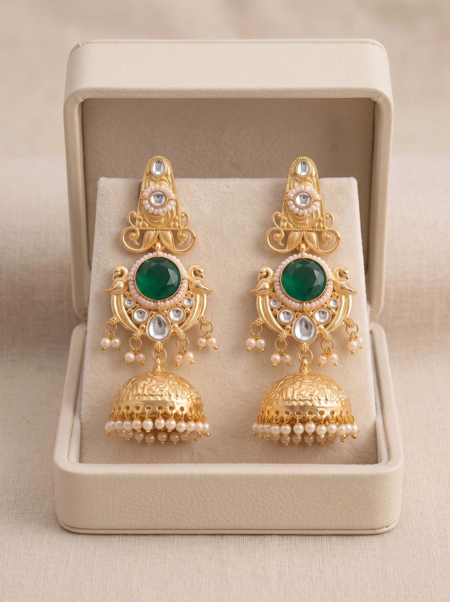 Green Stone Jhumka Earrings - Image 2