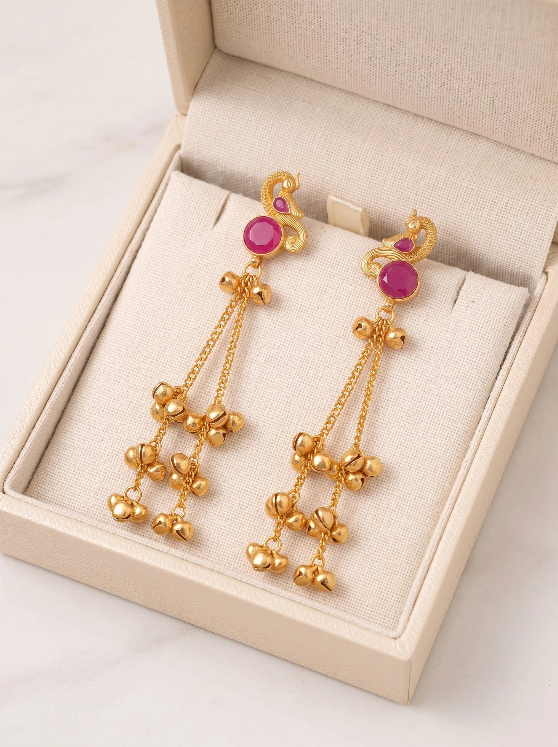 Ruby Pink Peacock Gold Tassel Earrings - Image 4