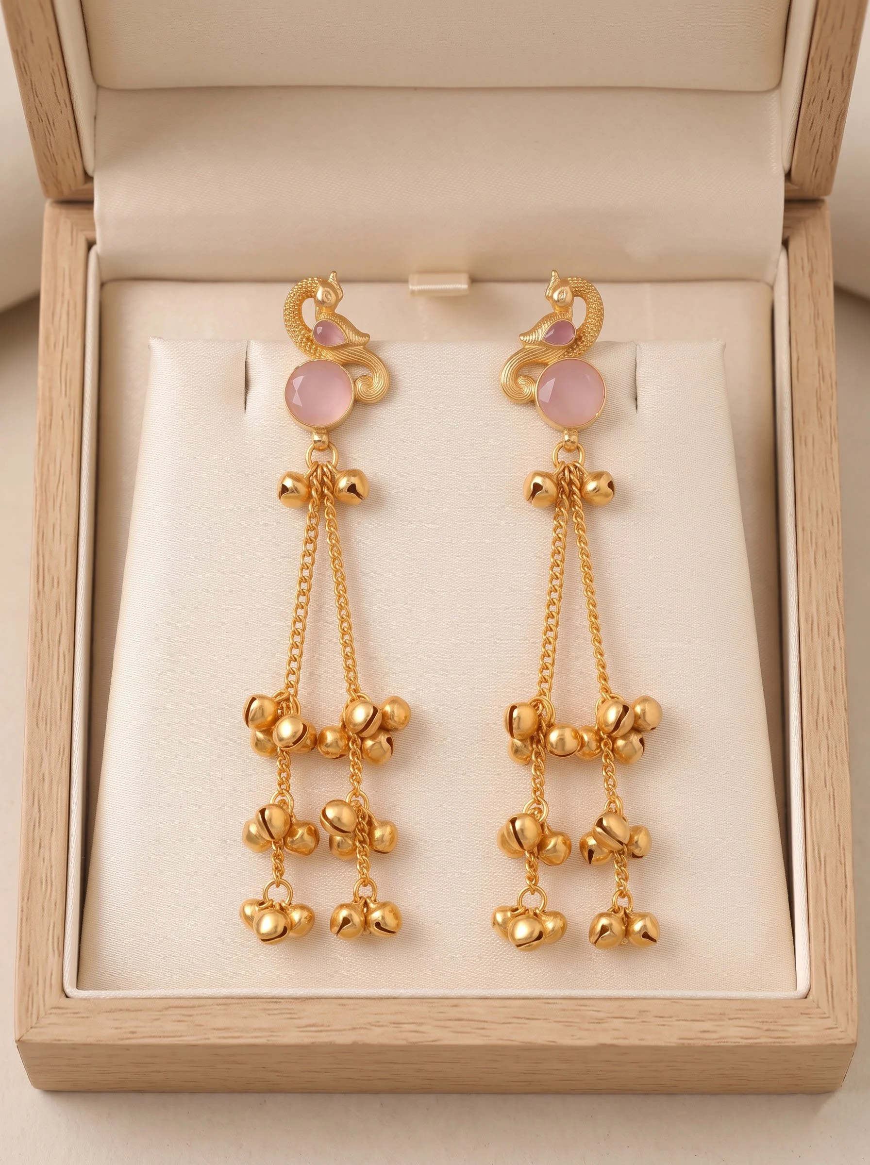 Pink Peacock Gold Tassel Earrings - Image 2