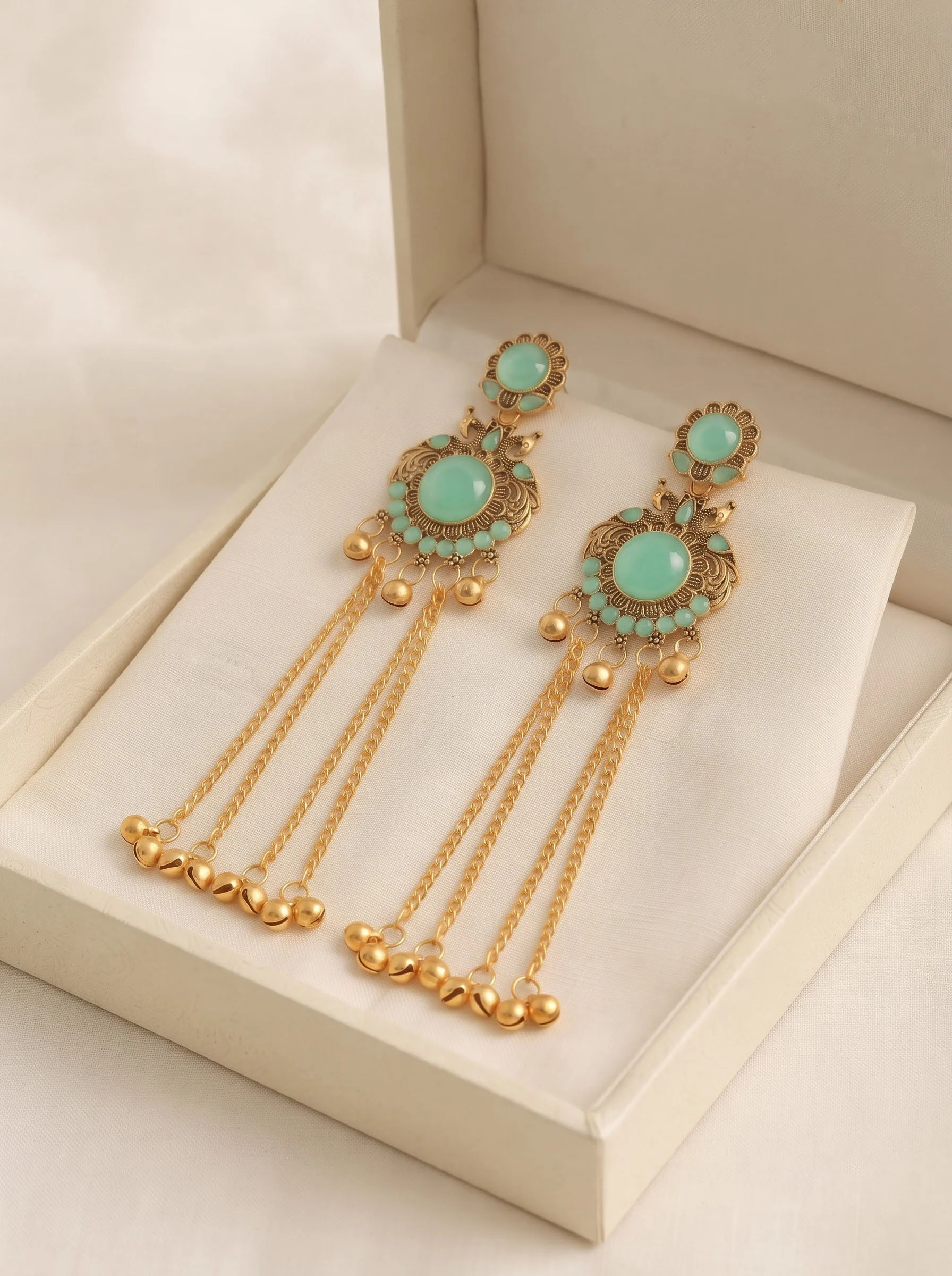 Mint Peacock Tassel Earrings - Image 3