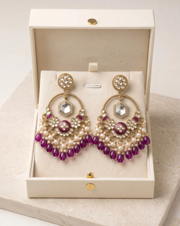 Purple Kundan Chandbali Earrings