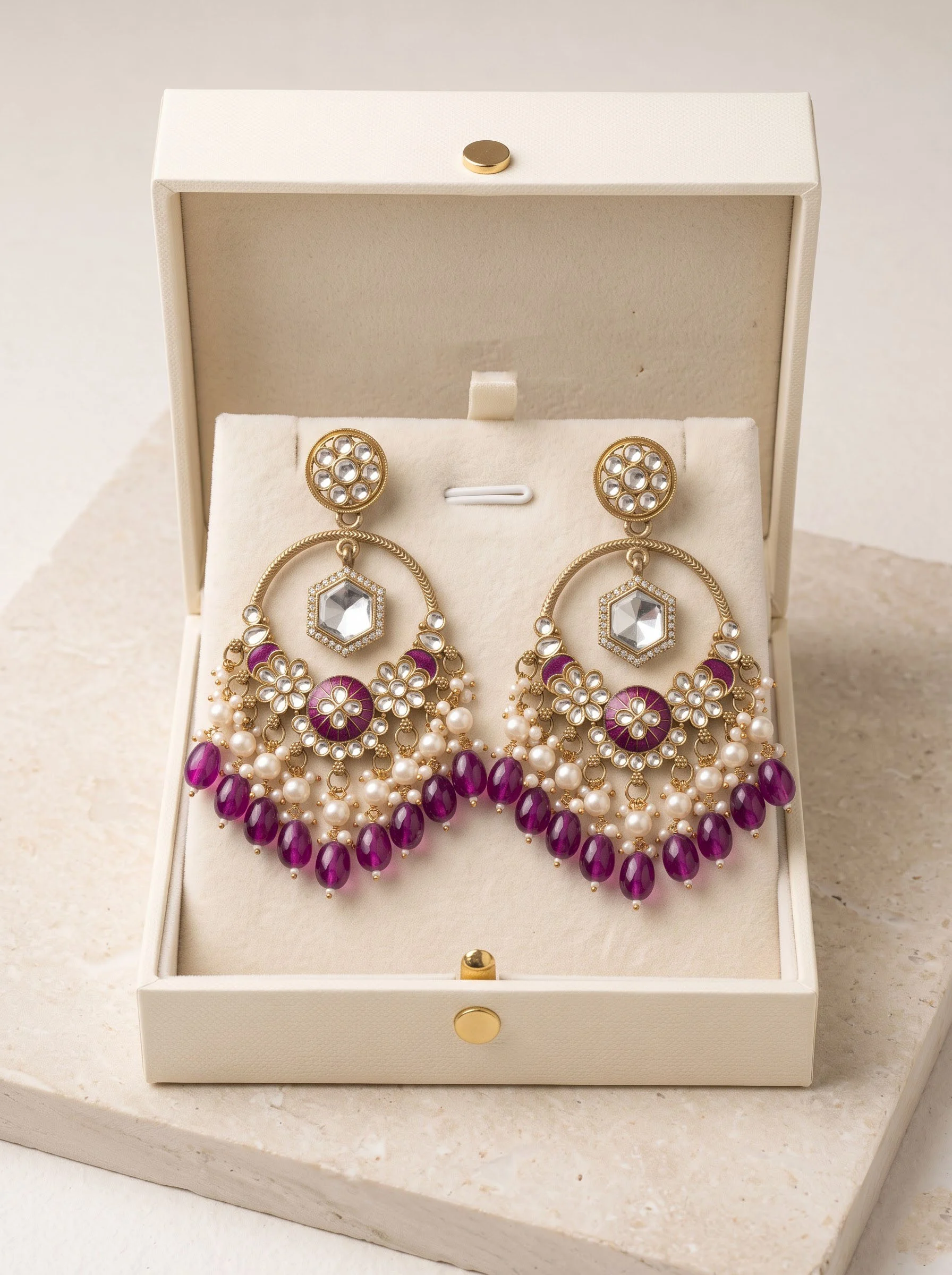 Purple Kundan Chandbali Earrings