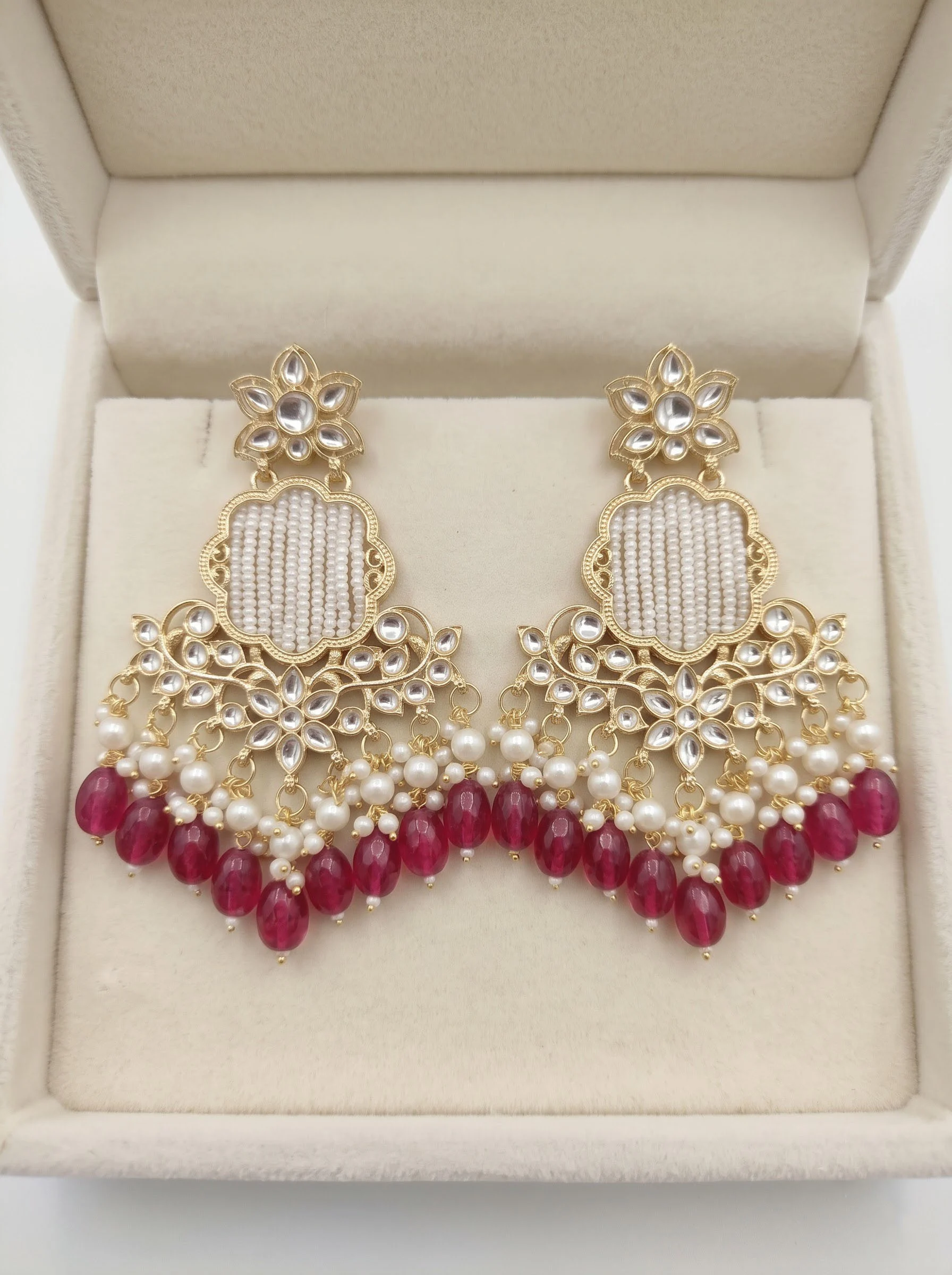 Dark Pink Kundan Dangler Earrings - Image 4