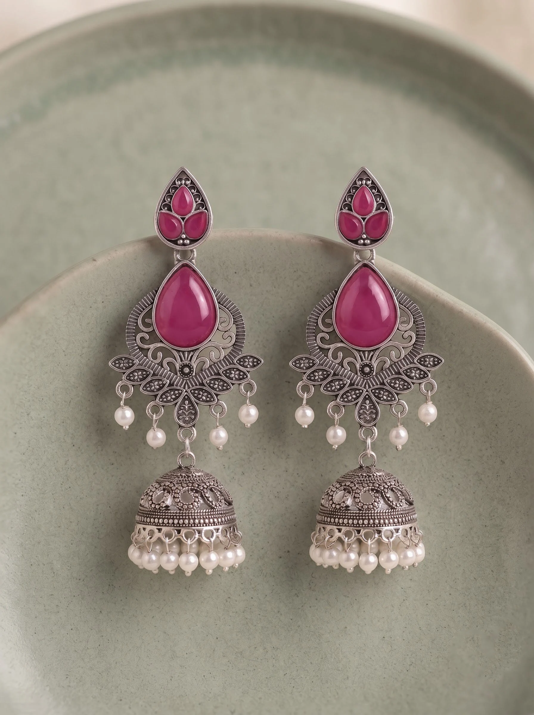 Pink Pearl Floral Jhumka Earrings