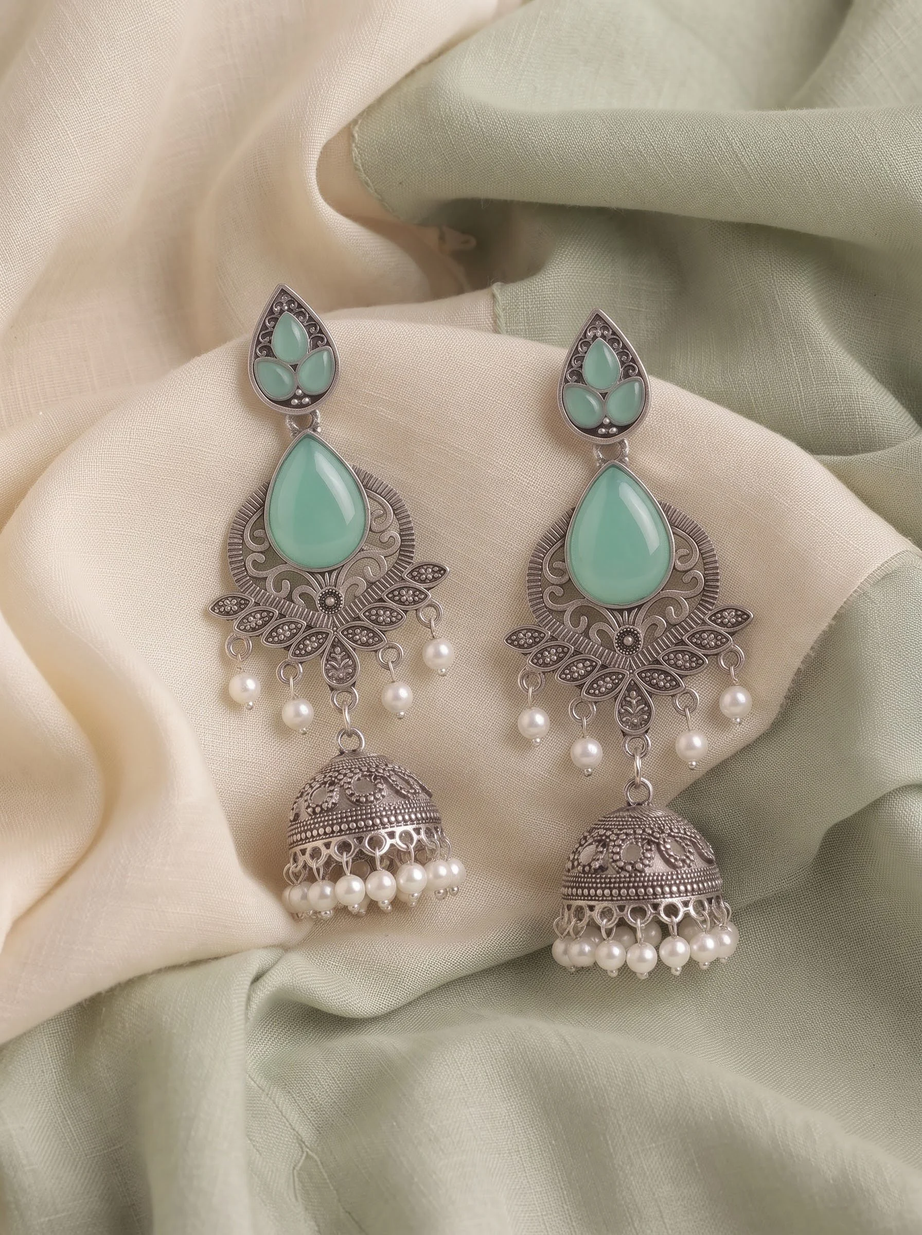 Green Stone Jhumka Earrings - Image 4