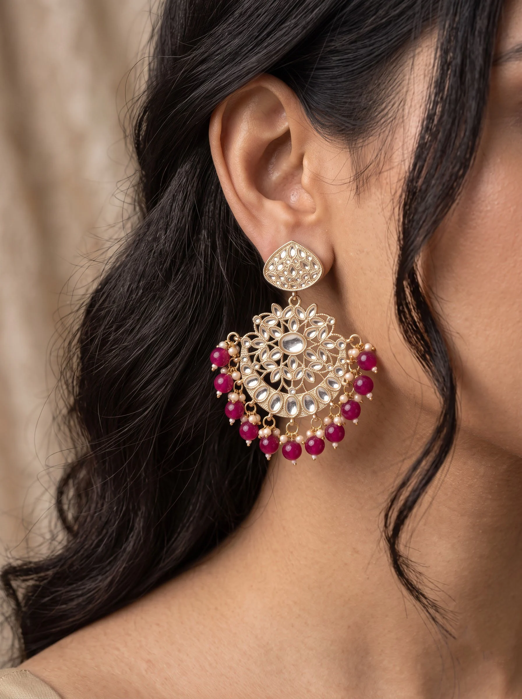 Pink Bead Gold Plated Earrings - Image 5