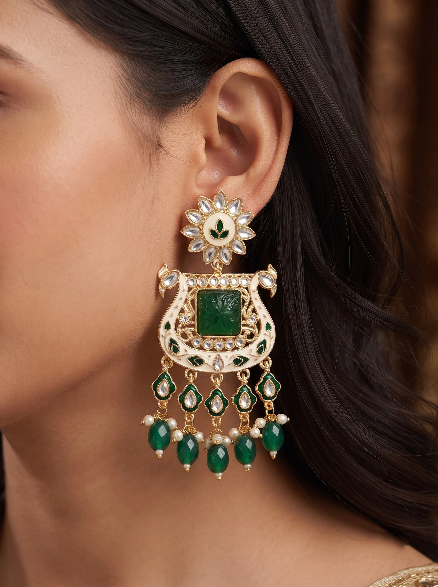 Green Stone Chandbali Earrings - Image 2