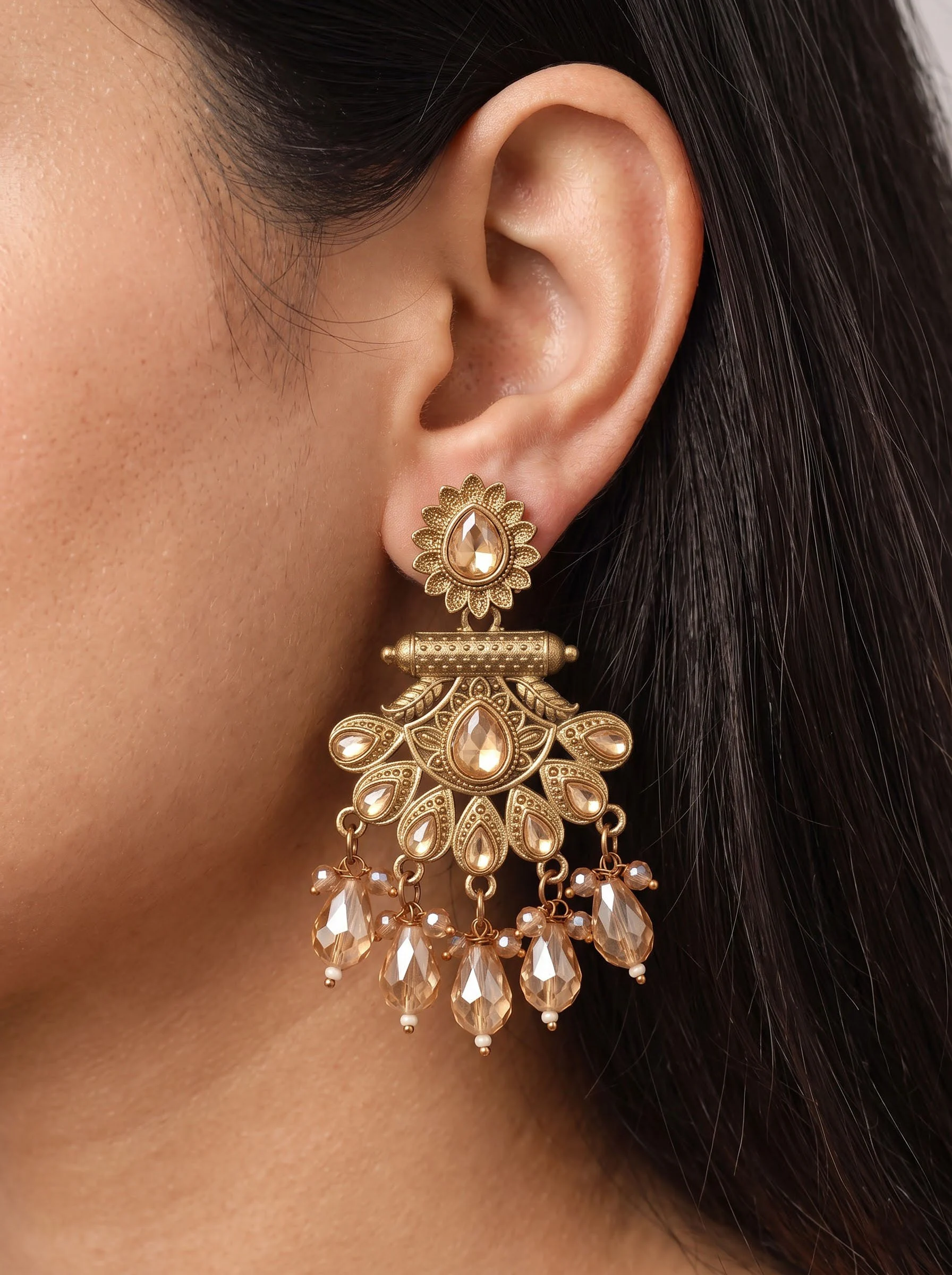 Champagne Gold Antique Statement Earrings - Image 2