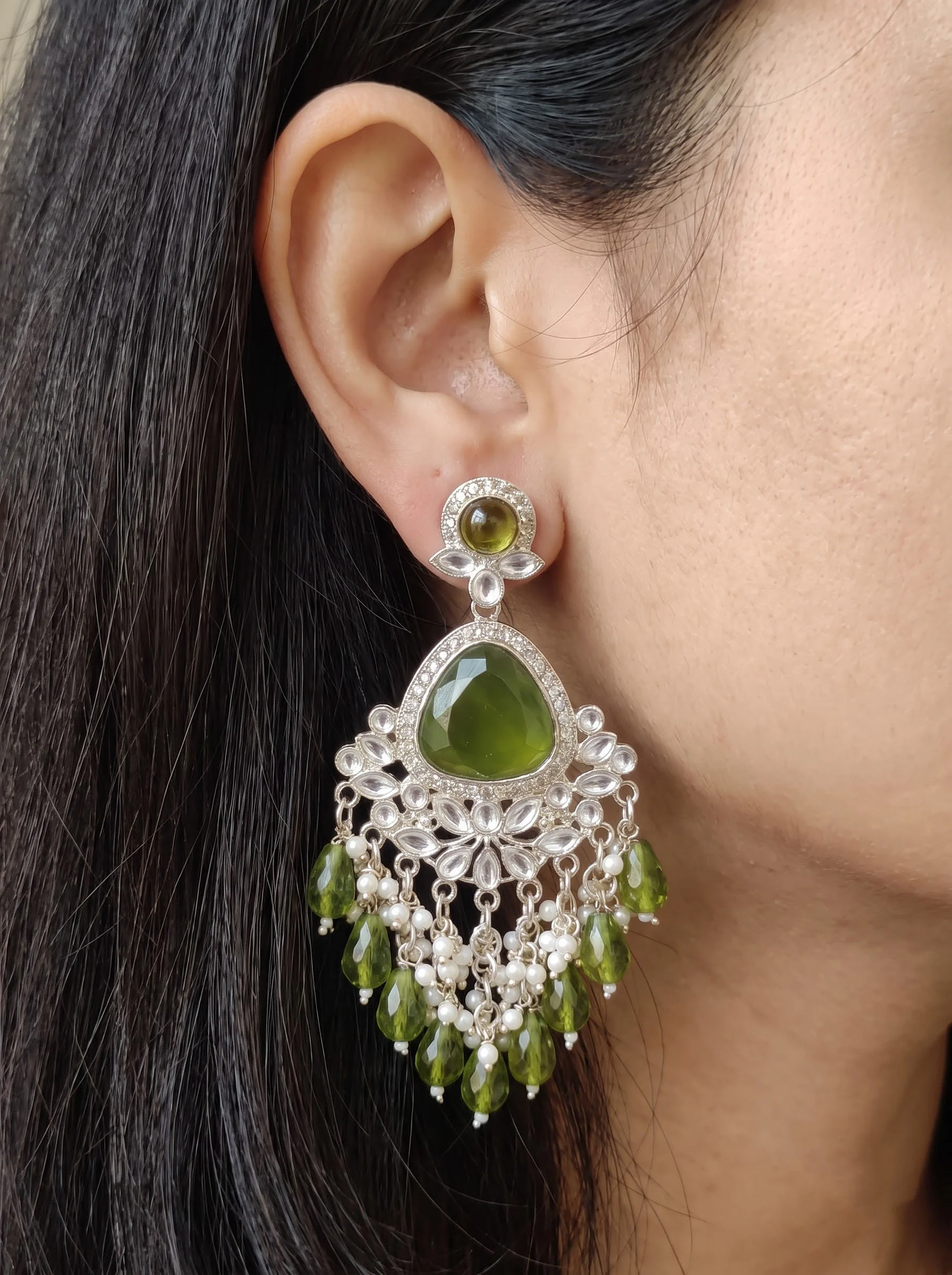Olive Green Kundan Dangler Earrings - Image 4