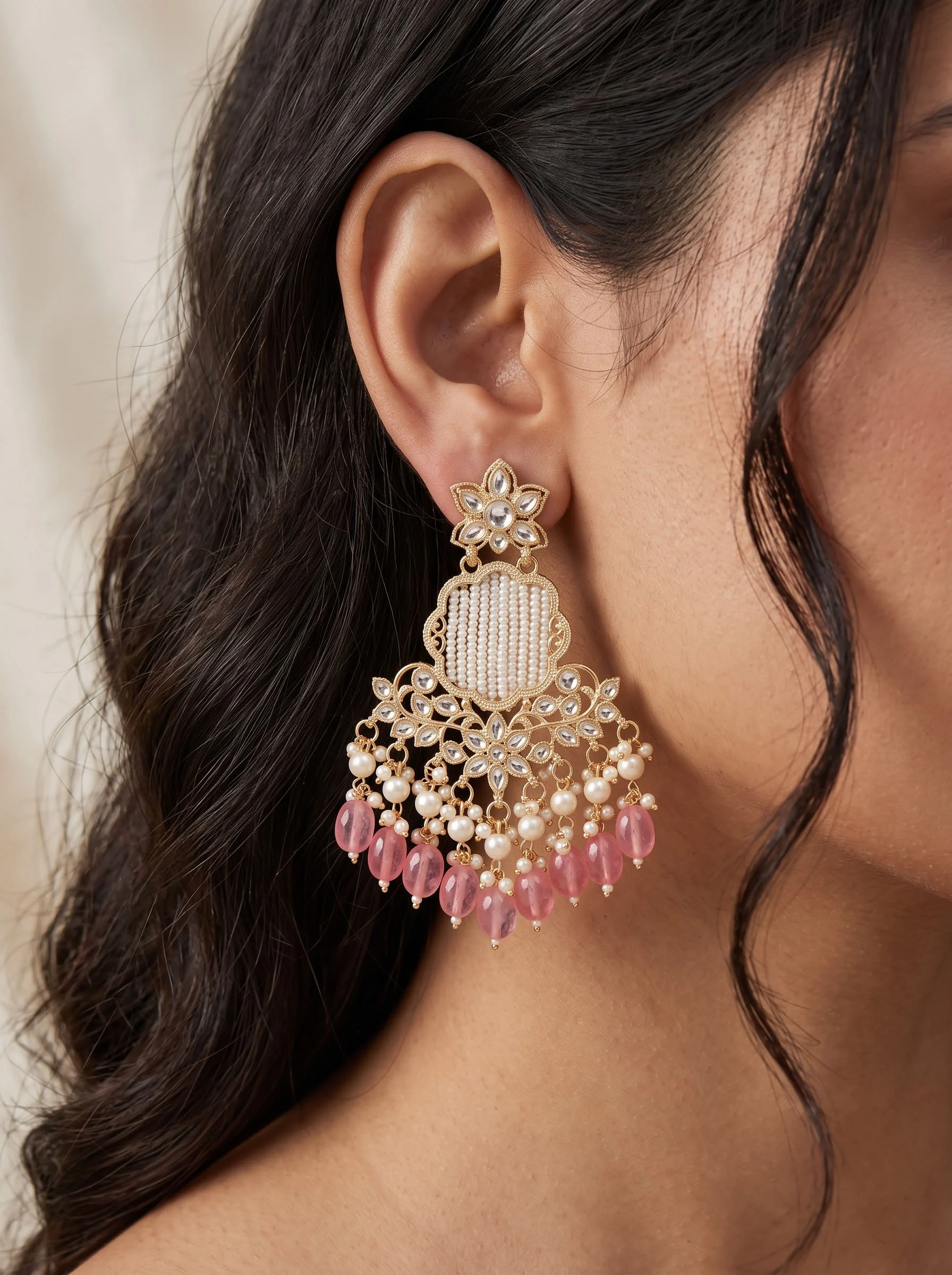 Blush Pink Kundan Dangler Earrings - Image 3