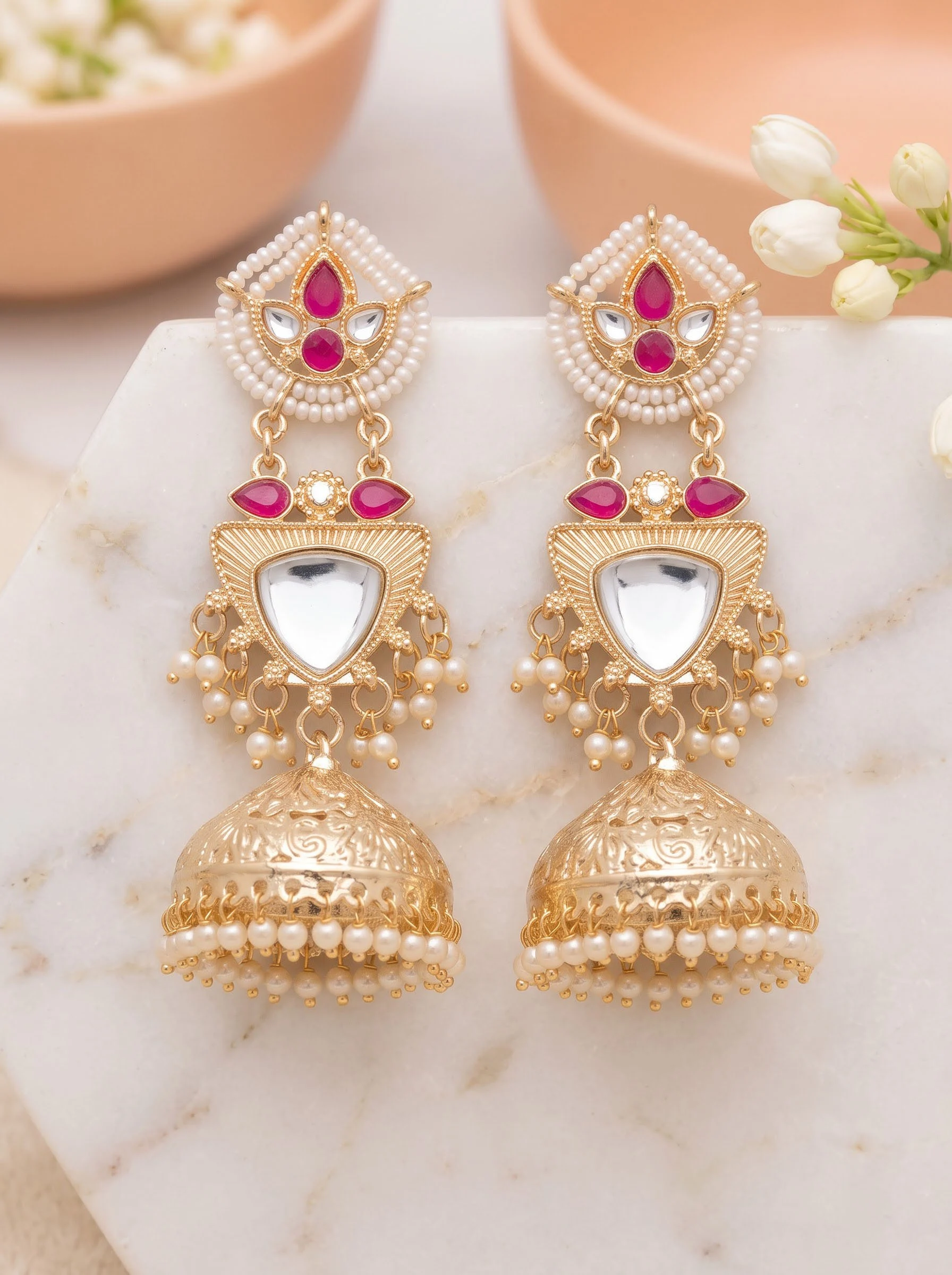 Elegant Pink Kundan Jhumka Earrings - Image 5