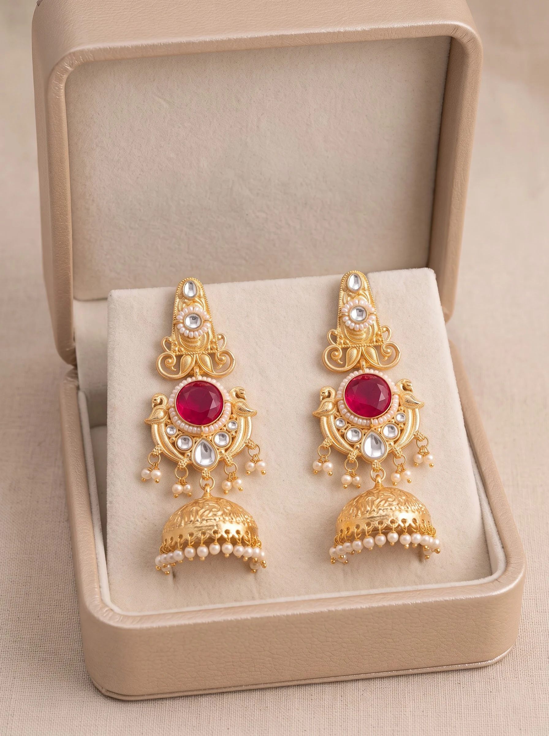 Red Stone Gold Jhumka Earrings - Image 4