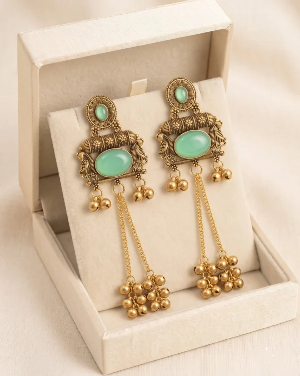 Mint Green Stone Antique Gold Statement Earrings