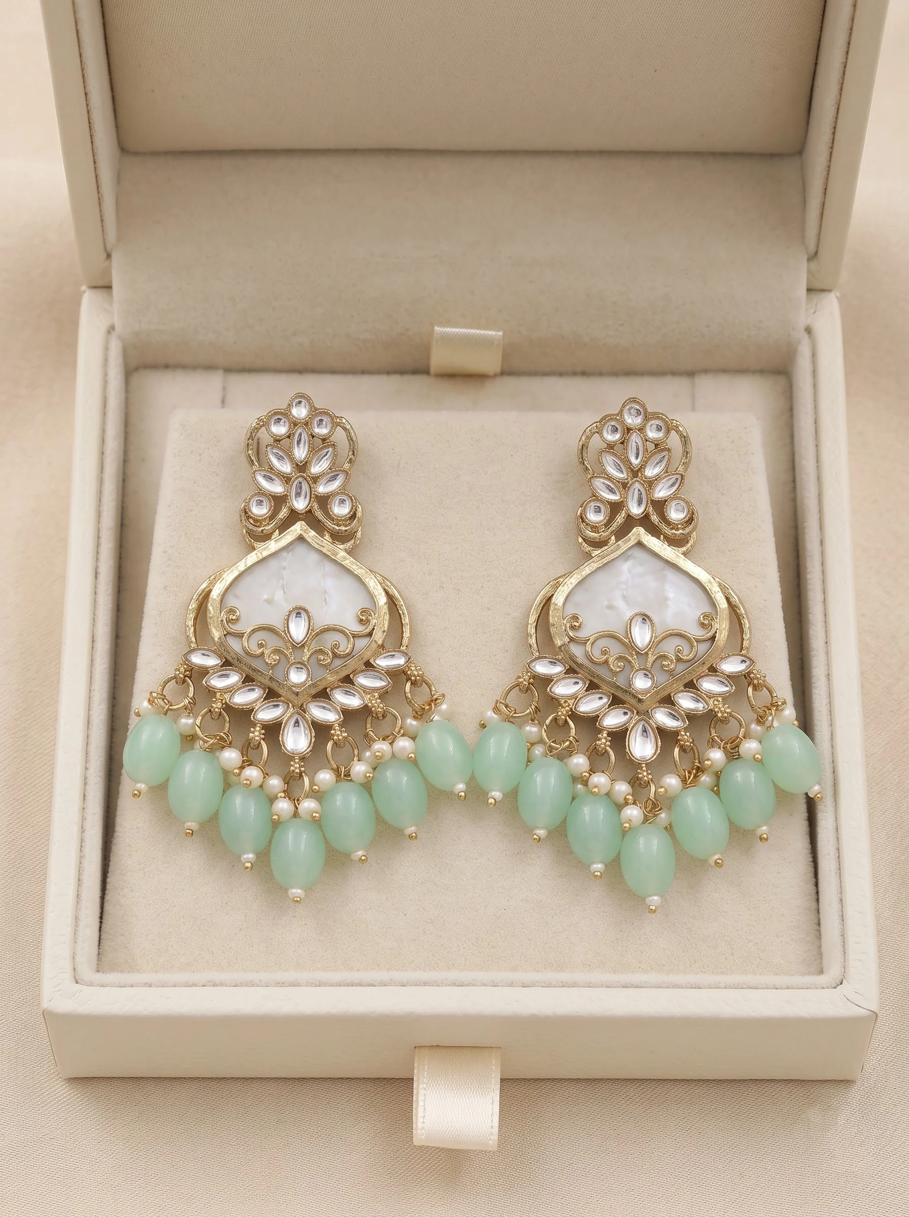 Mint Green Kundan Dangler Earrings - Image 3