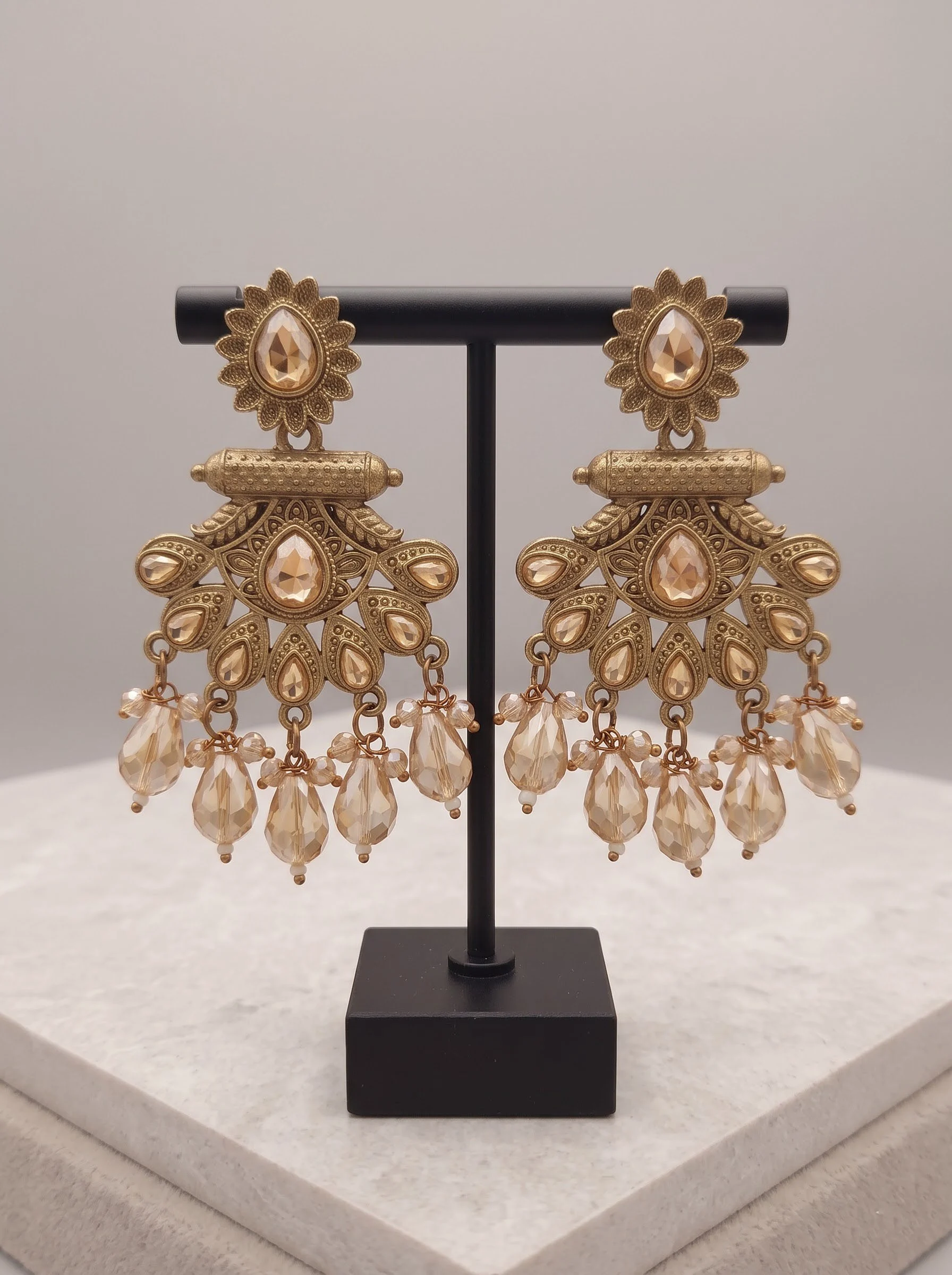 Champagne Gold Antique Statement Earrings - Image 3