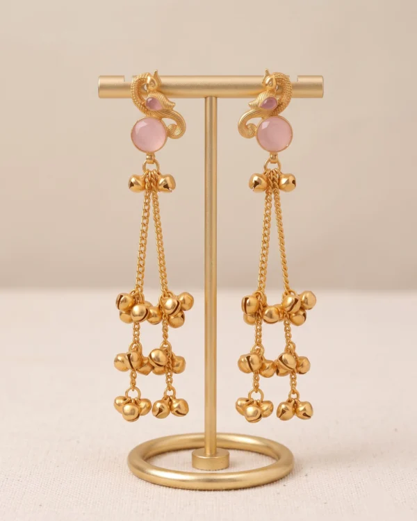 Pink Peacock Gold Tassel Earrings