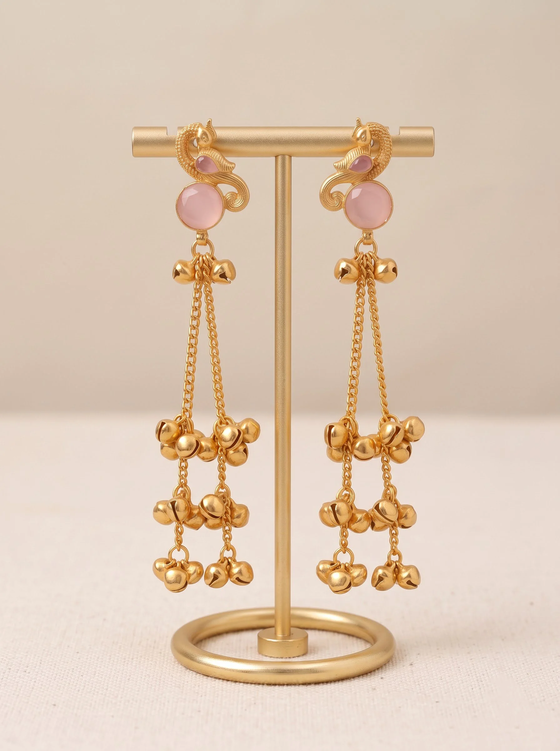 Pink Peacock Gold Tassel Earrings