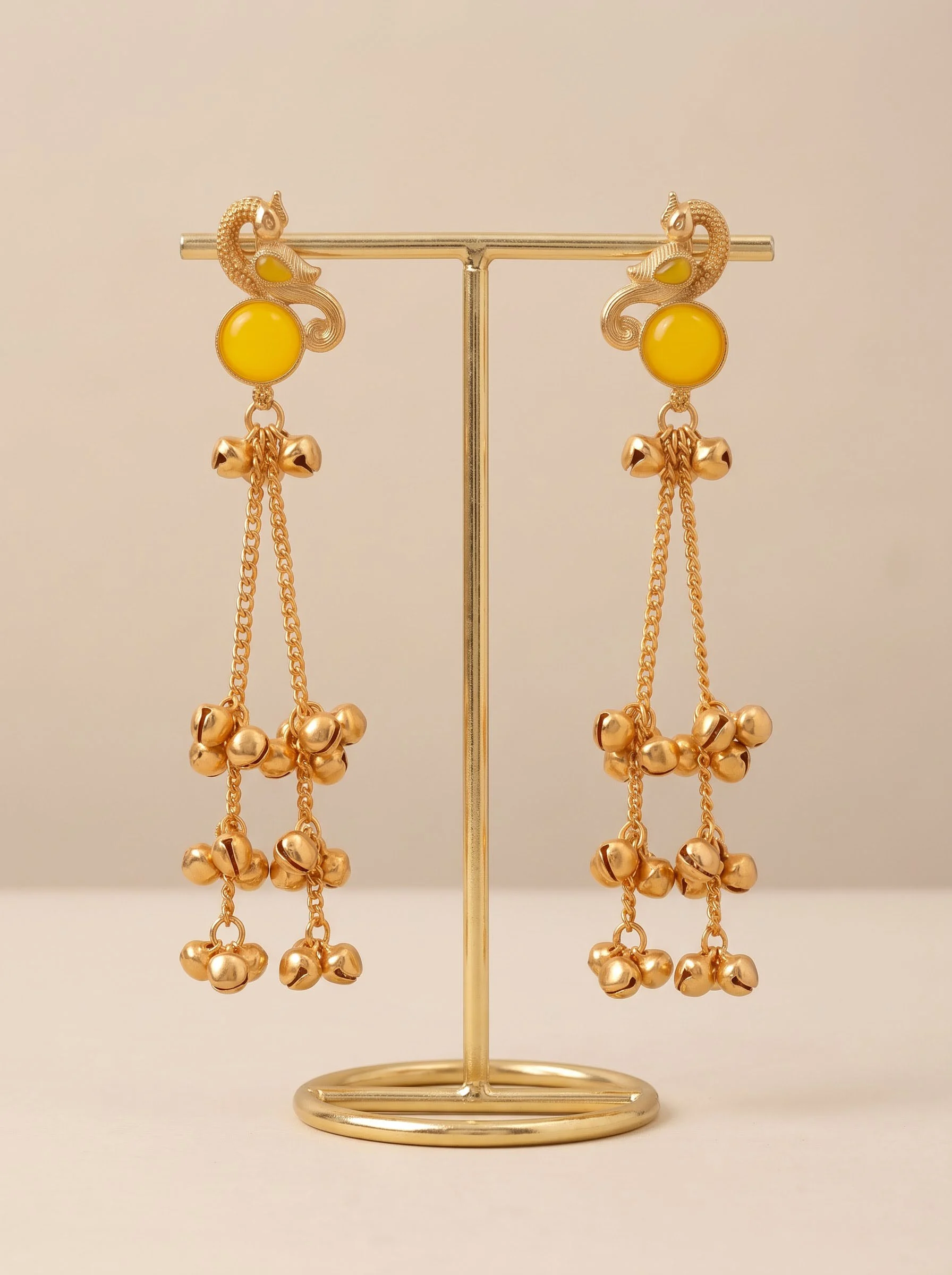 Yellow Peacock Gold Tassel Earrings - Image 3