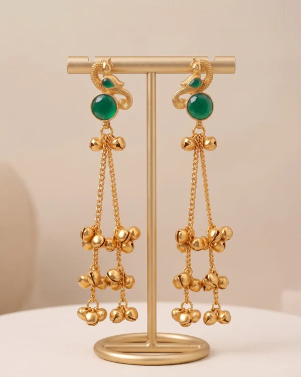 Emerald Green Peacock Gold Tassel Earrings