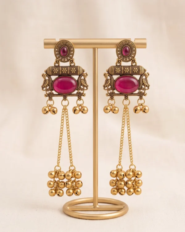 Ruby Red Stone Antique Gold Statement Earrings