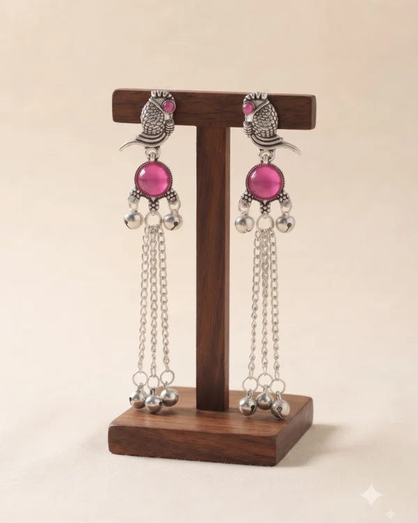 Pink Stone Oxidized Silver Bird Tassel Earrings