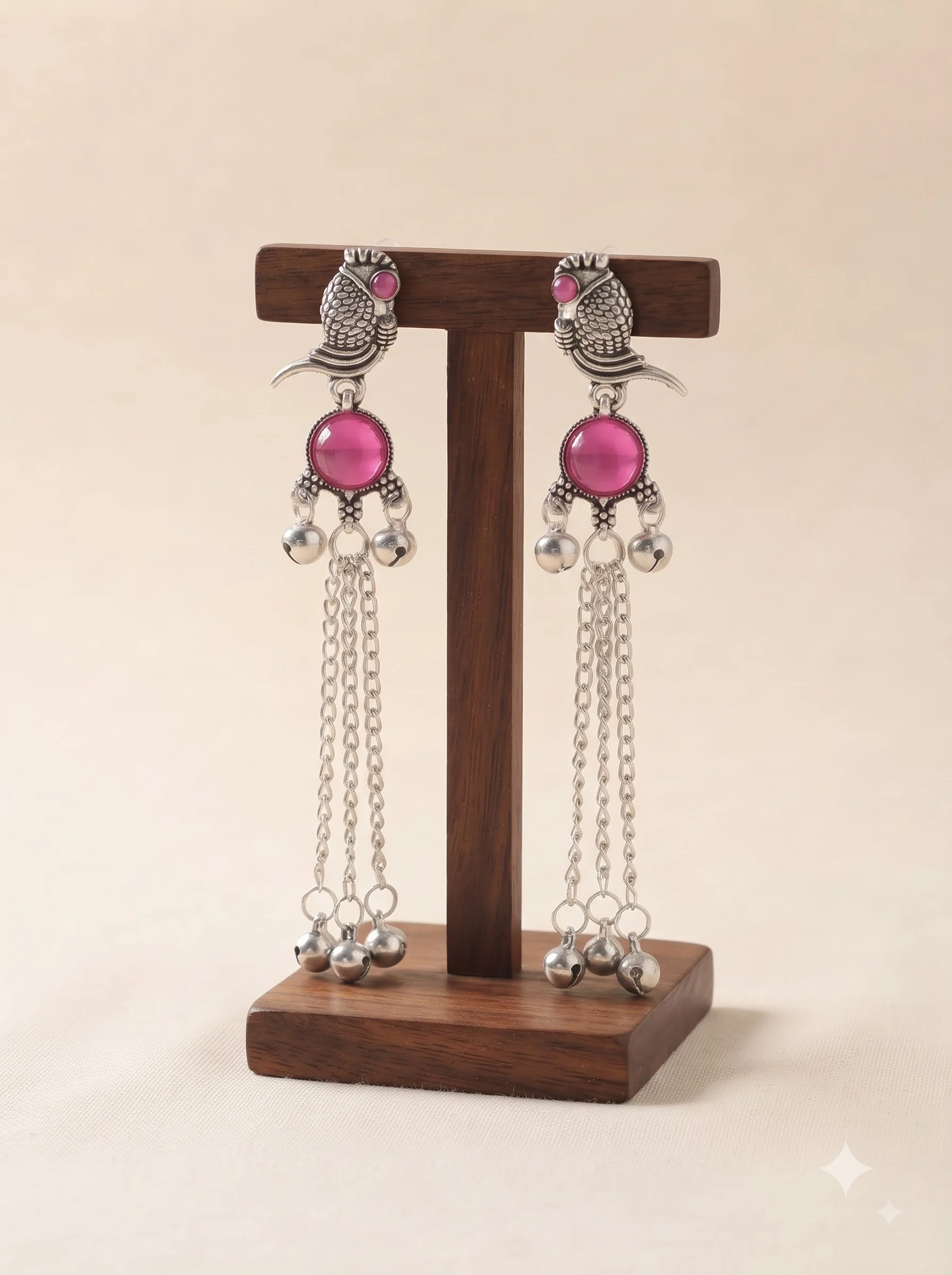 Pink Stone Oxidized Silver Bird Tassel Earrings