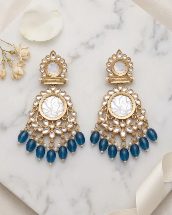 Gold Kundan Blue Bead Earrings