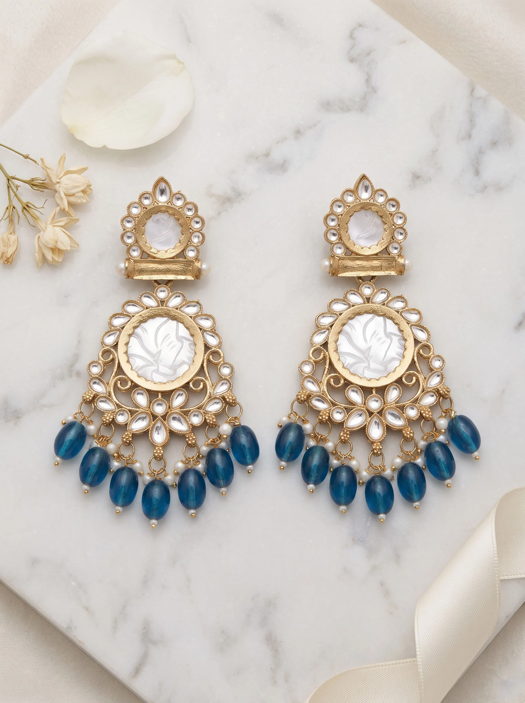 Gold Kundan Blue Bead Earrings