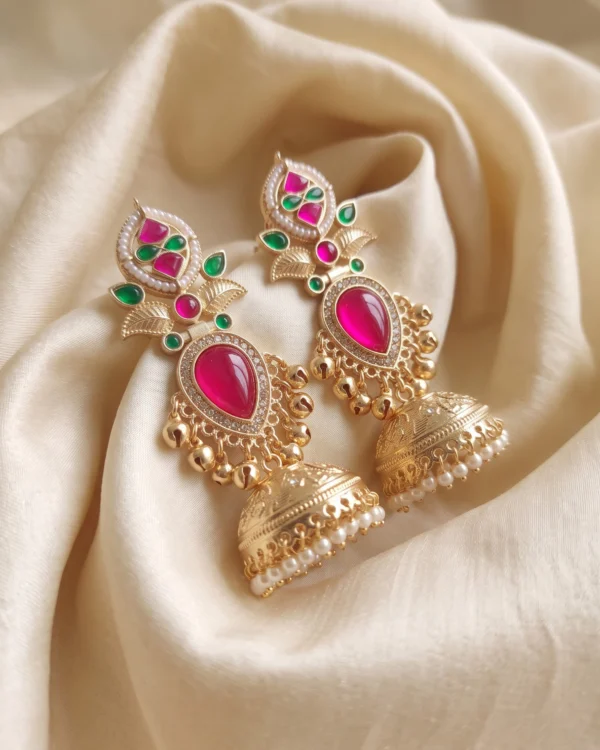 Pink Emerald Kundan Jhumka
