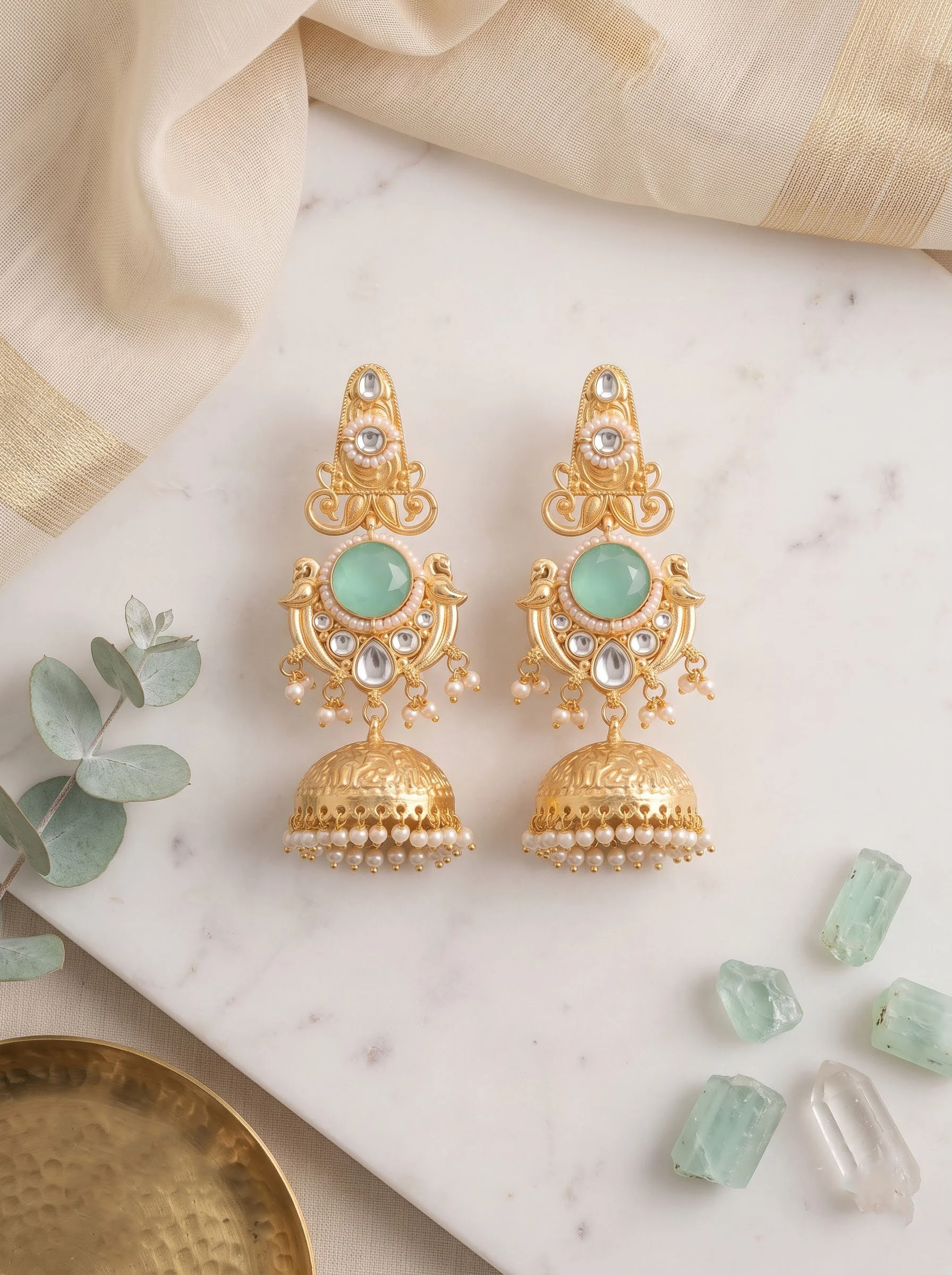 Green Stone Gold Jhumka Earrings - Image 4