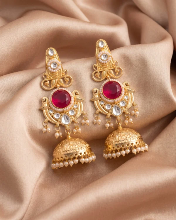 Red Stone Gold Jhumka Earrings