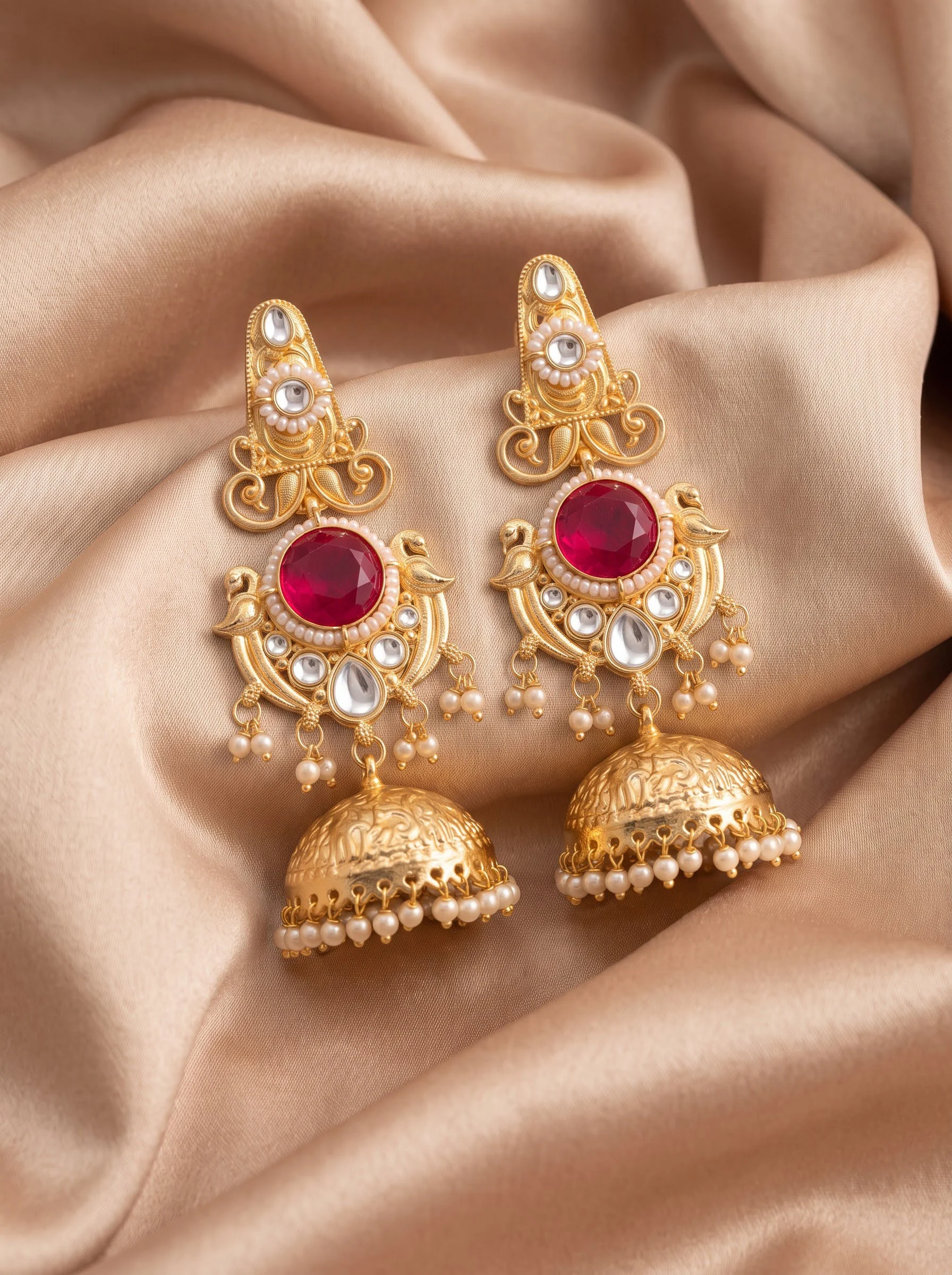 Red Stone Gold Jhumka Earrings