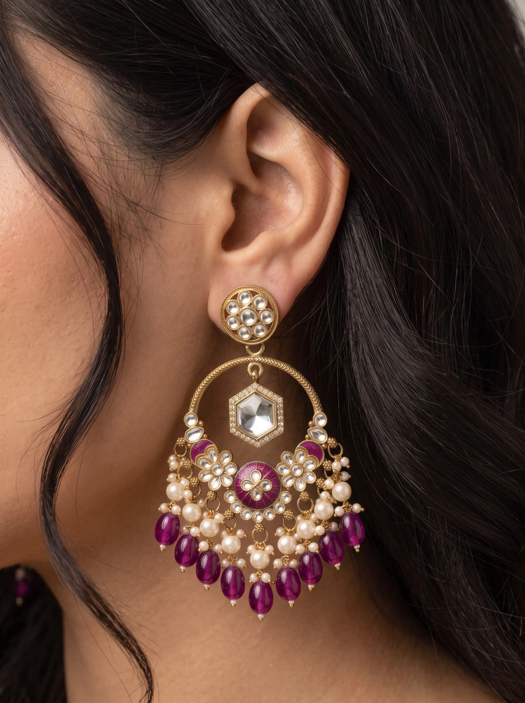 Purple Kundan Chandbali Earrings - Image 4