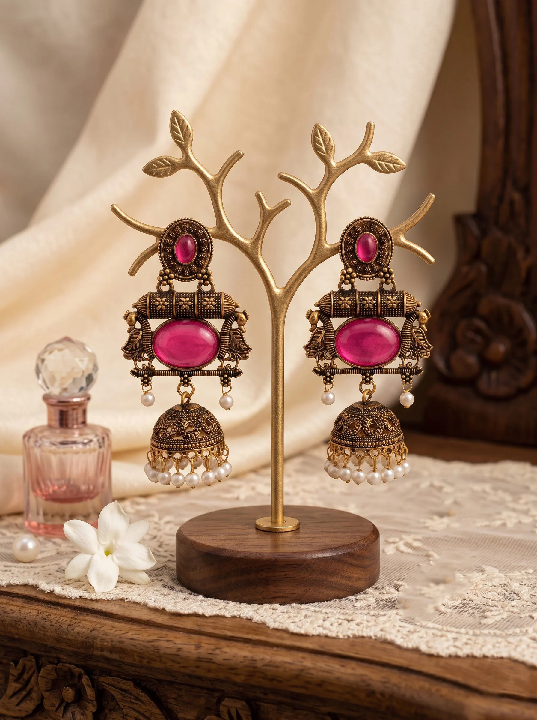 Pink Stone Antique Jhumka Earrings - Image 3