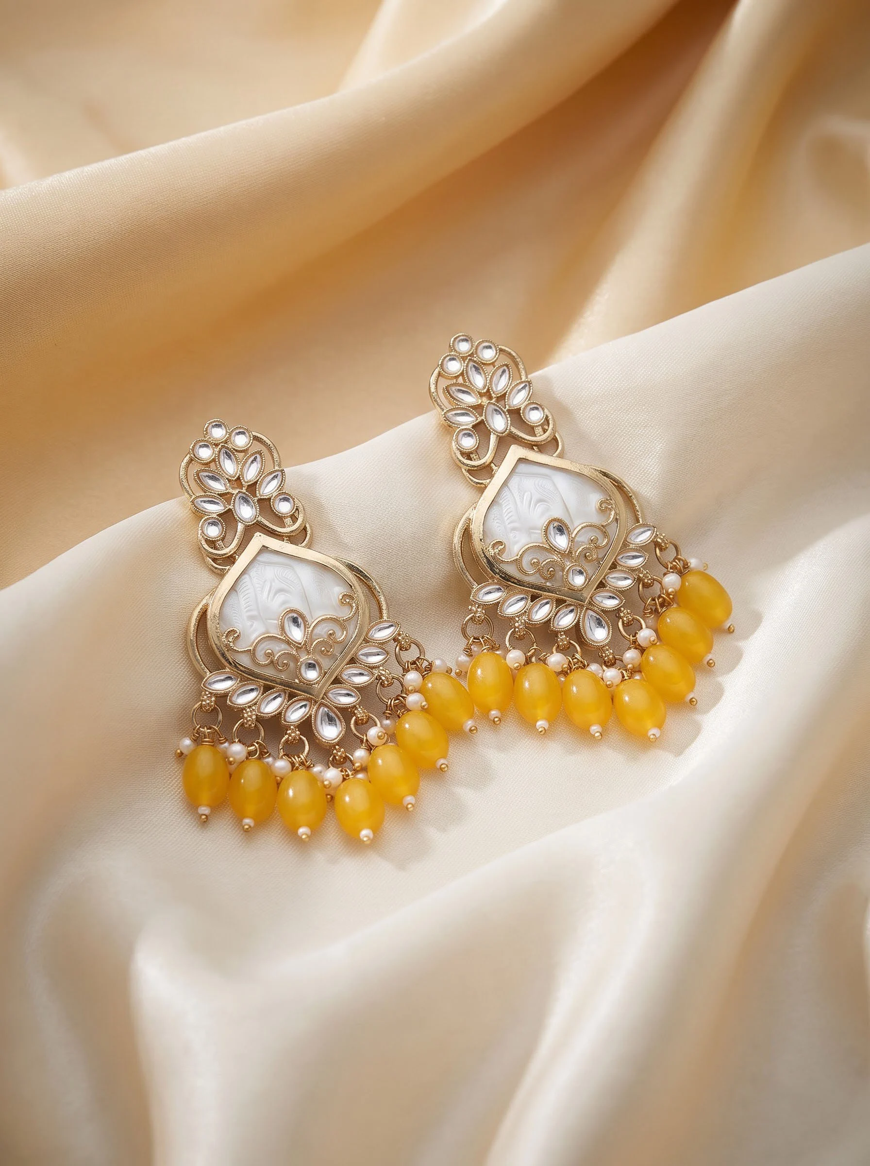Yellow Kundan Dangler Earrings - Image 3