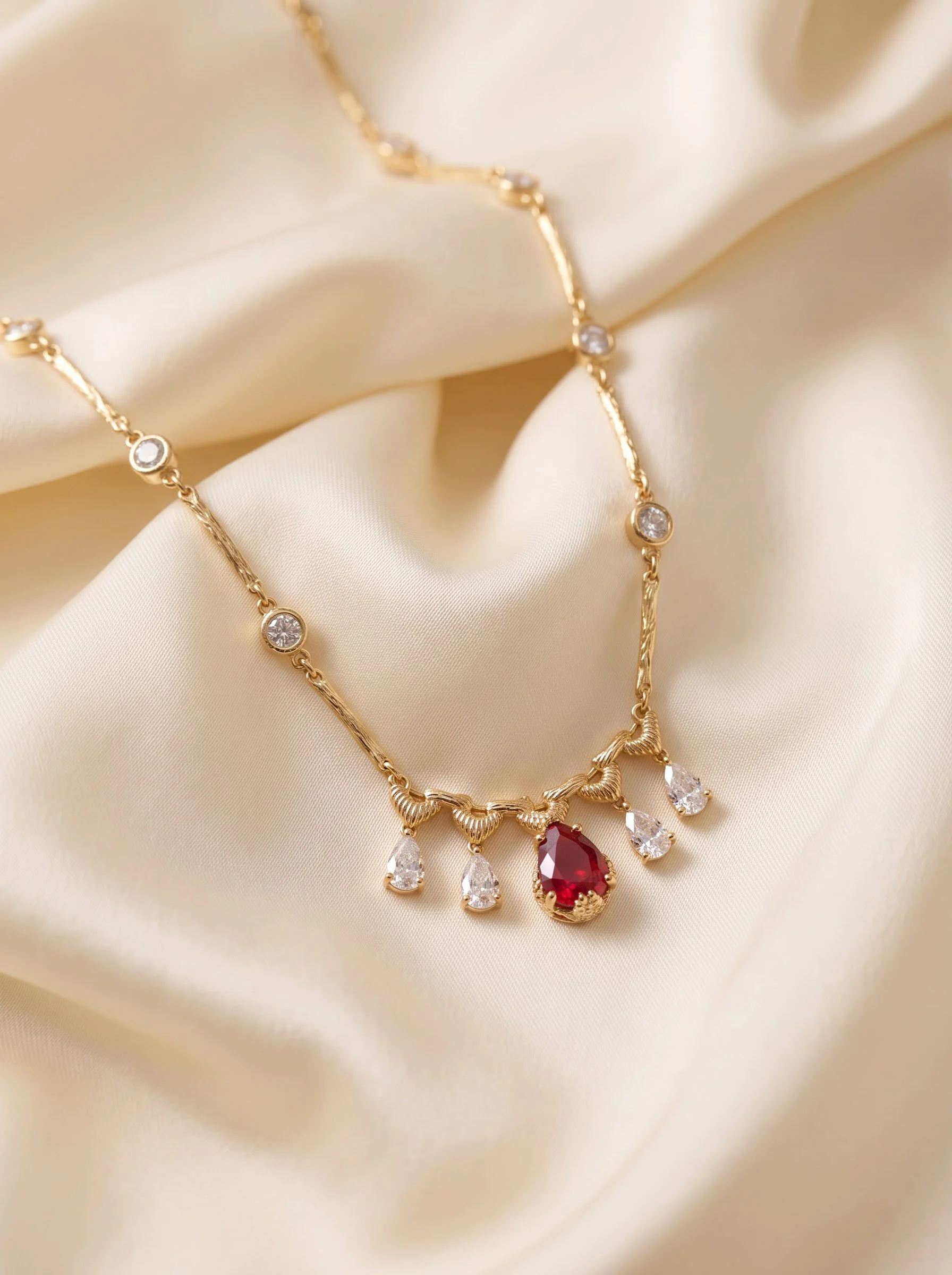 Ruby Teardrop Gold Station Necklace - Image 4