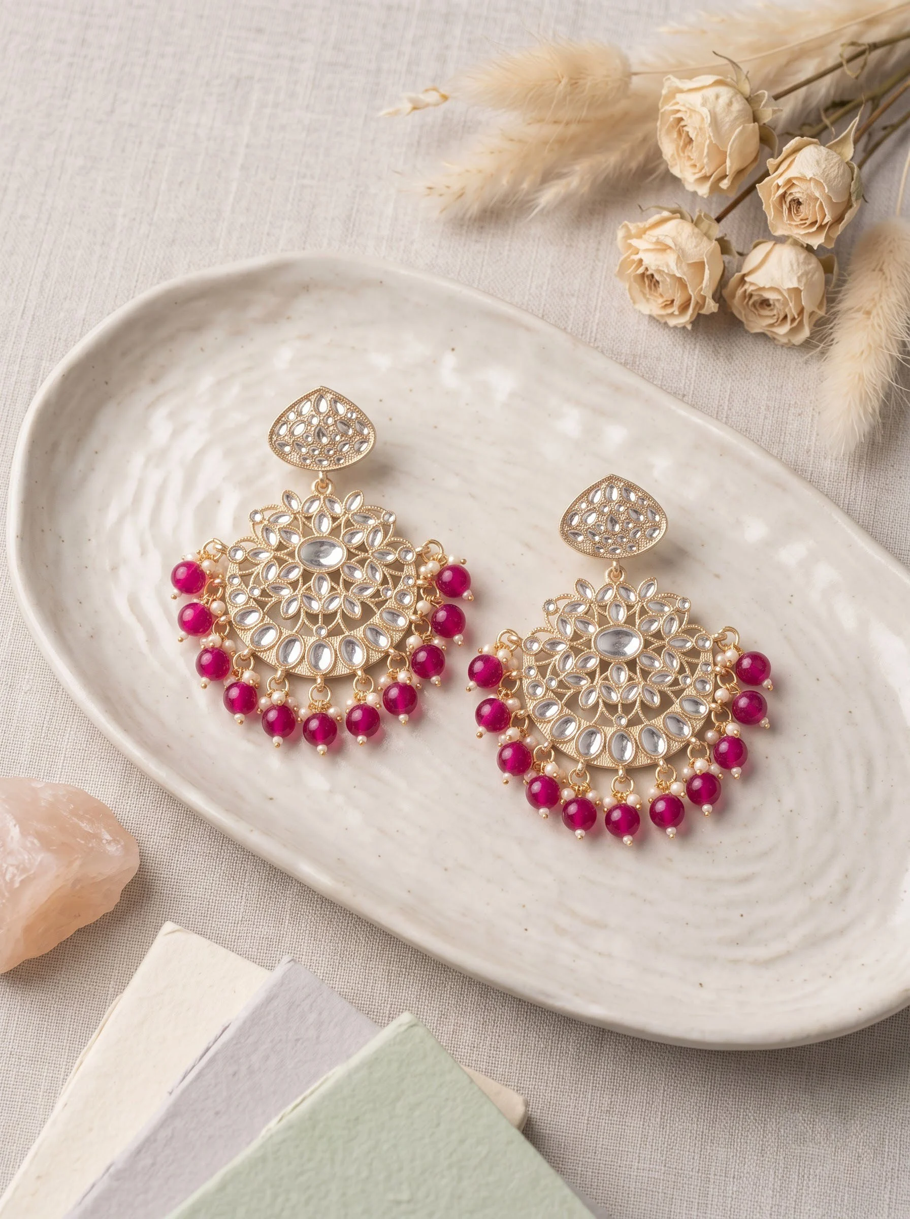 Pink Bead Gold Plated Earrings