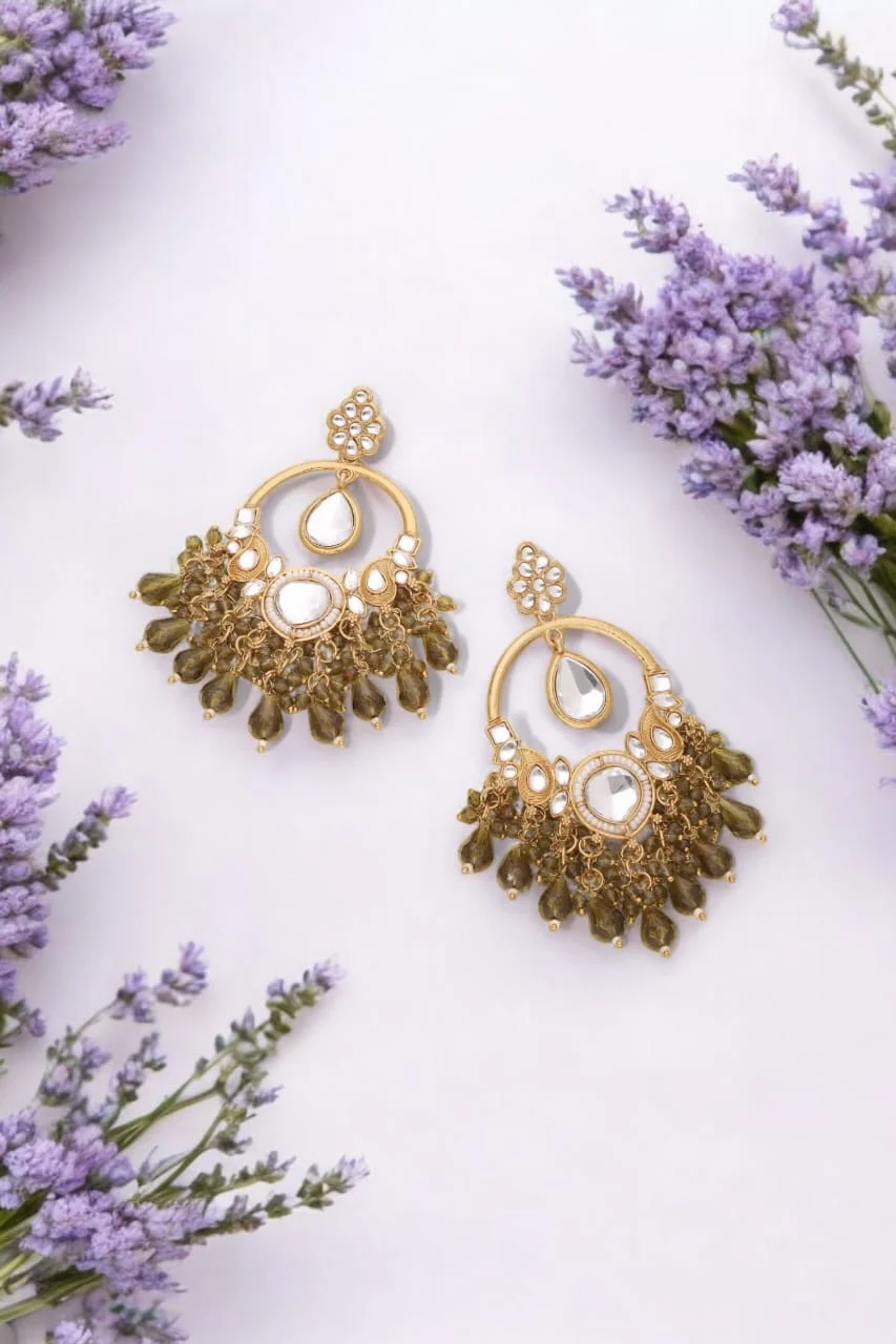 Olive Green Pearl Kundan Earrings