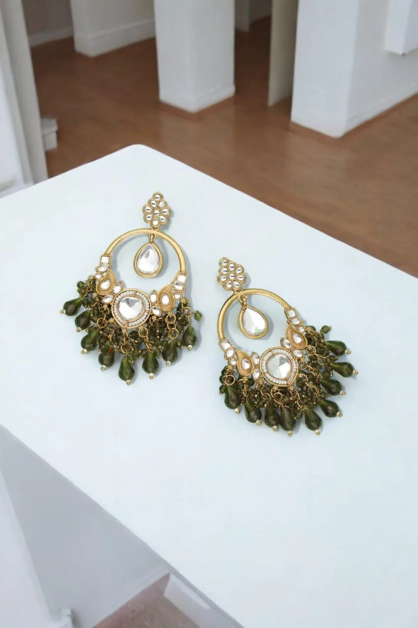 Olive Green Pearl Kundan Earrings - Image 5