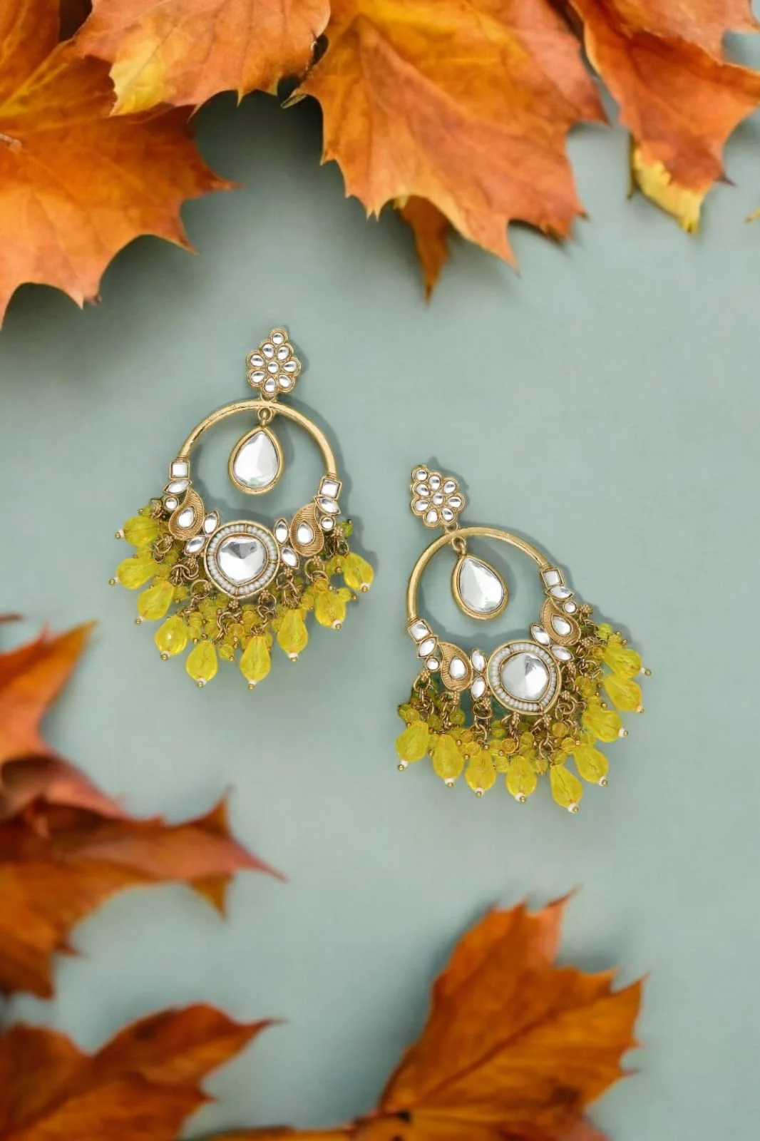 Yellow Pearl Kundan Earrings - Image 5