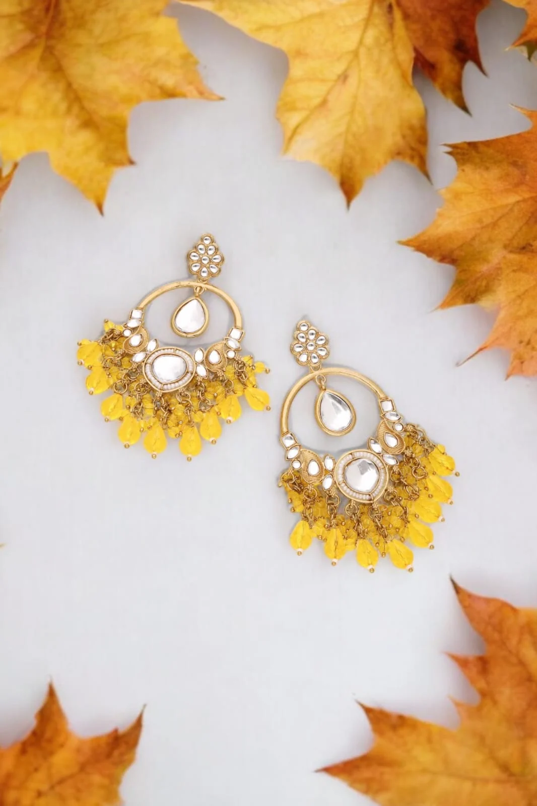 Yellow Pearl Kundan Earrings - Image 4