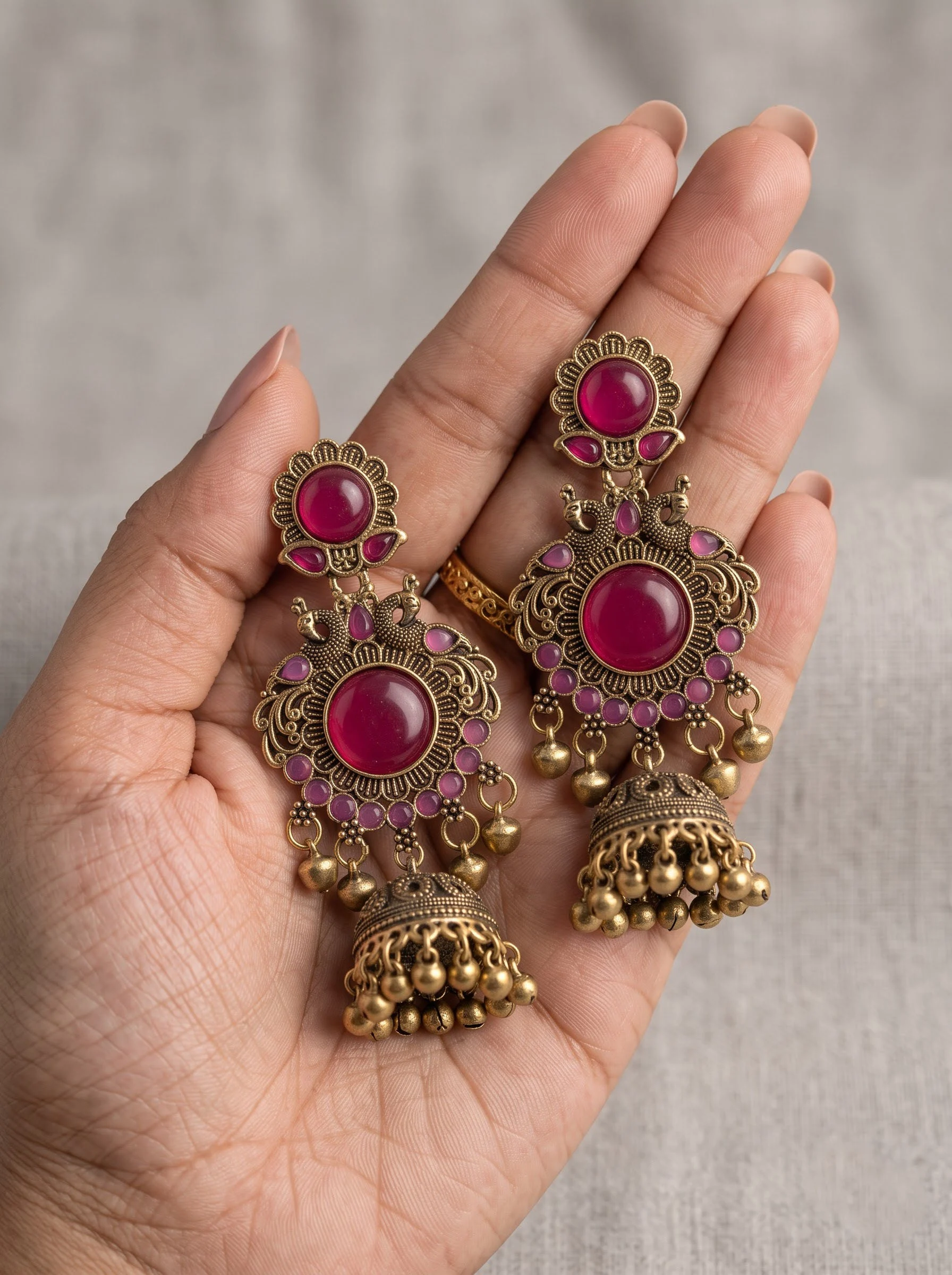 Antique Magenta Stone Jhumka - Image 2